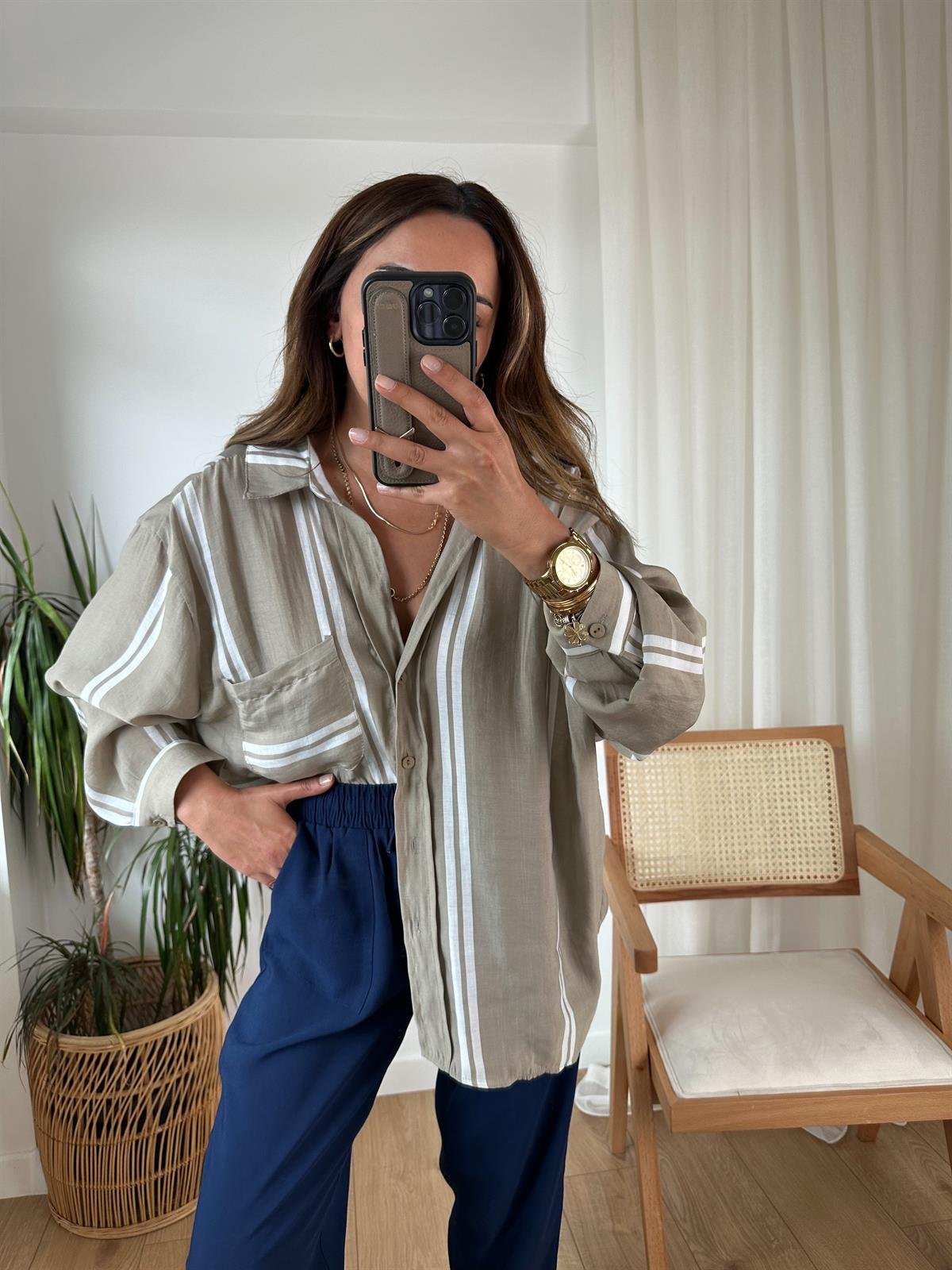 OLIVE ÇİZGİLİ TENSEL OVERSIZE GÖMLEK