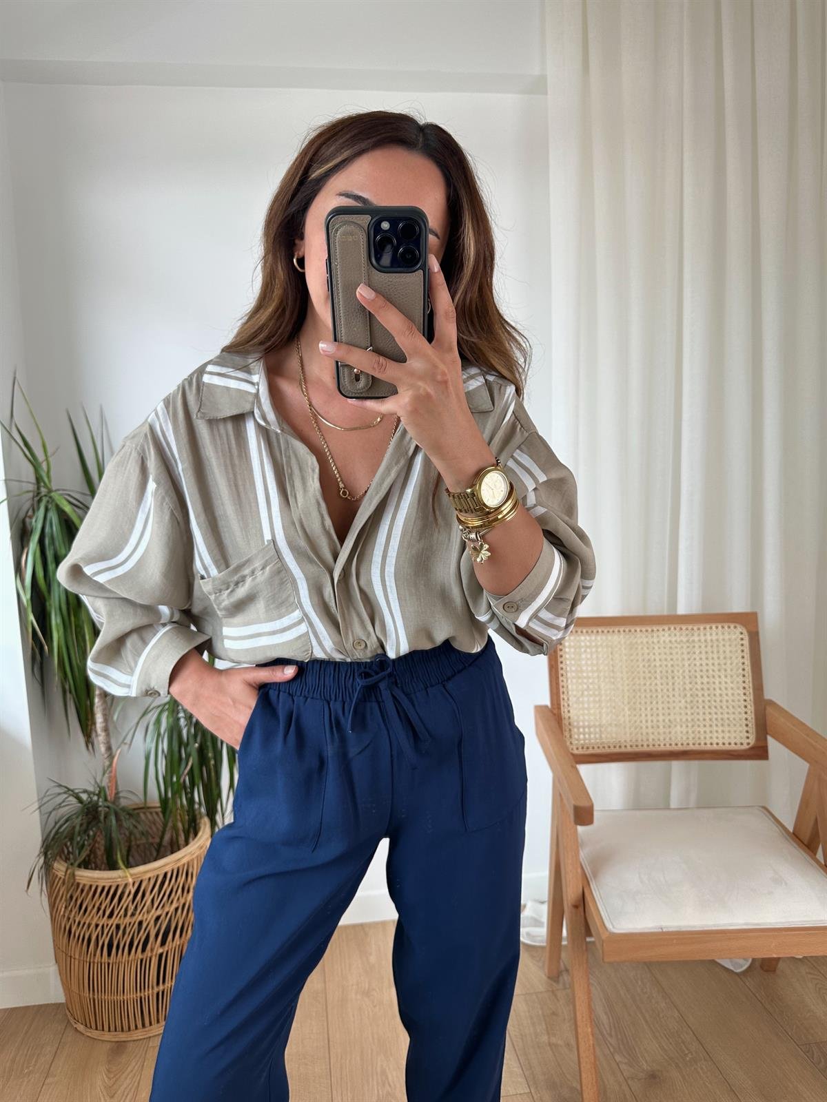 OLIVE ÇİZGİLİ TENSEL OVERSIZE GÖMLEK