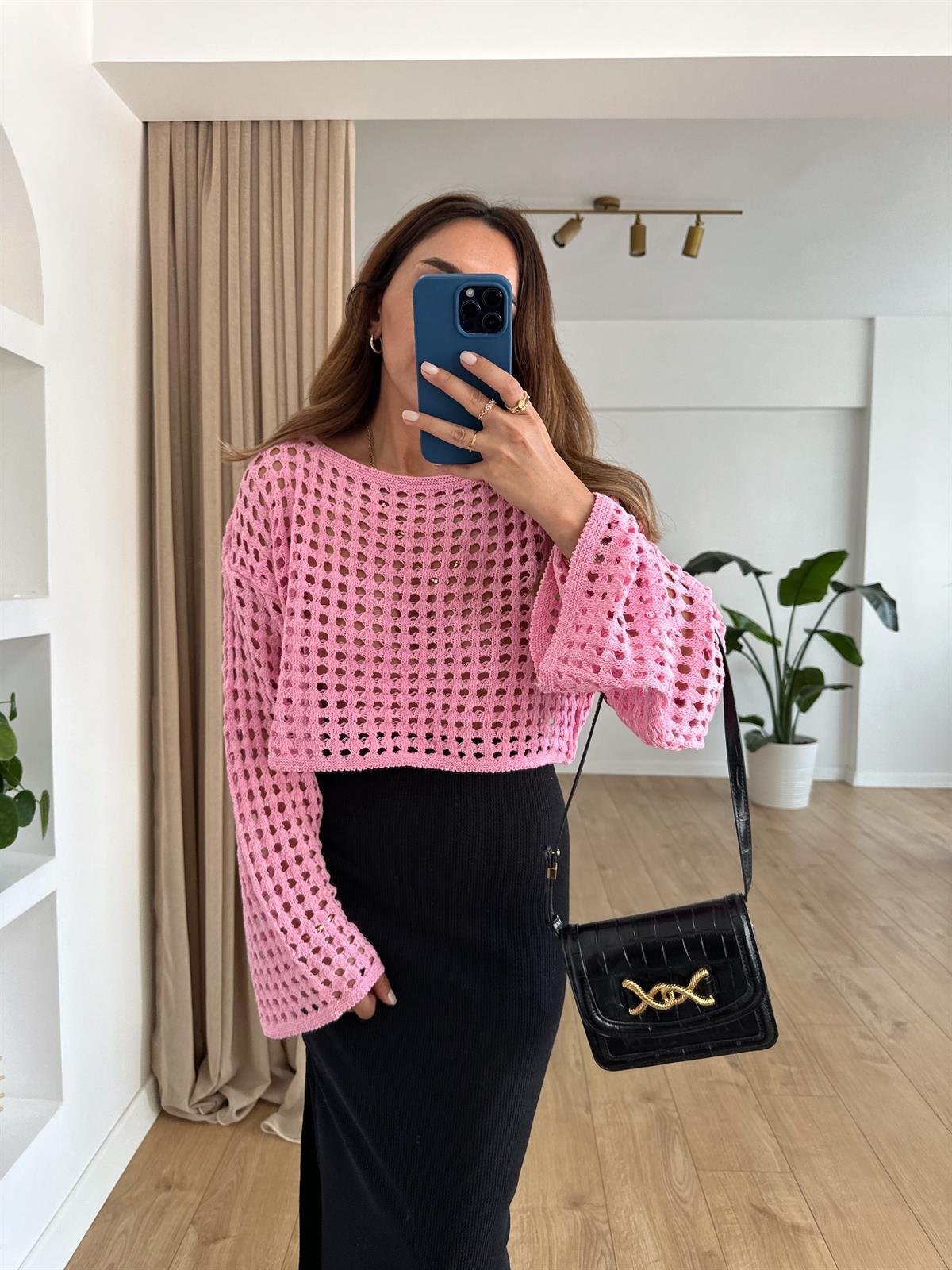 PEMBE AJURLU CROP TRİKO