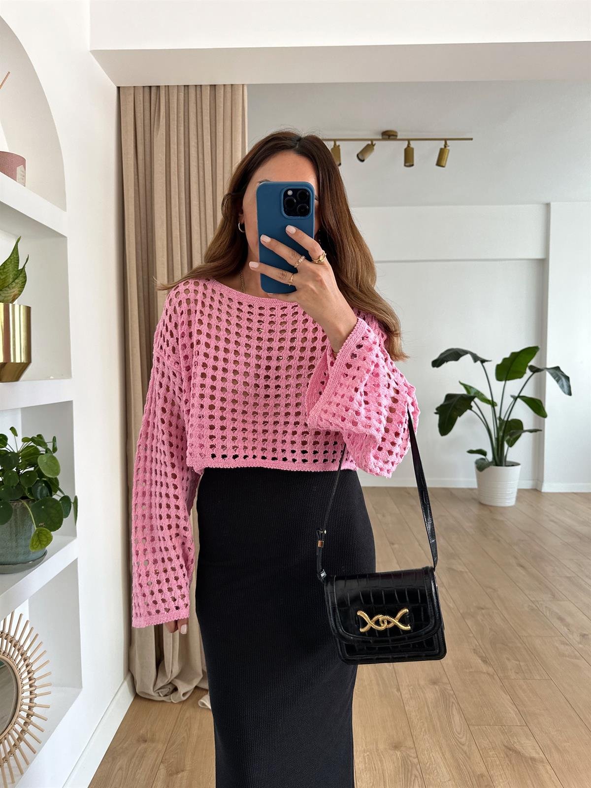 PEMBE AJURLU CROP TRİKO