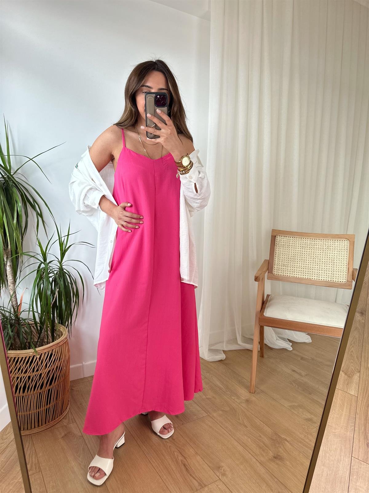 PEMBE ASKILARI AYARLANABİLİR TENSEL ELBİSE