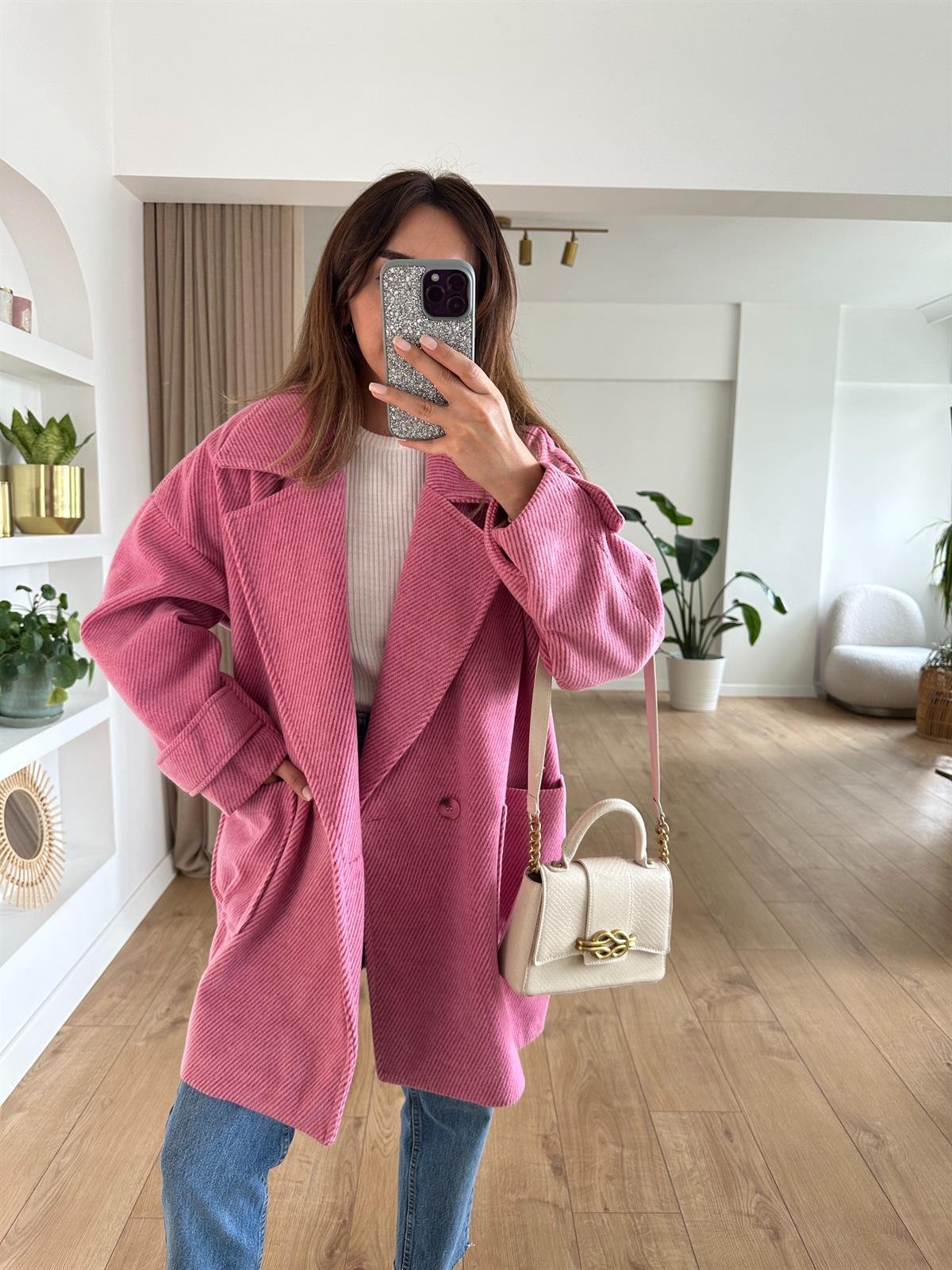 PEMBE ASTARLI DÜŞÜK OMUZ OVERSIZE KABAN 
