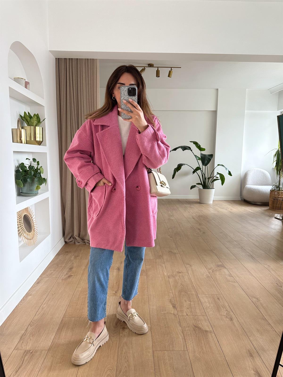 PEMBE ASTARLI DÜŞÜK OMUZ OVERSIZE KABAN 