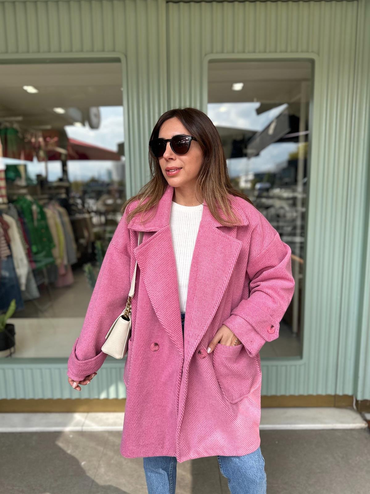 PEMBE ASTARLI DÜŞÜK OMUZ OVERSIZE KABAN 