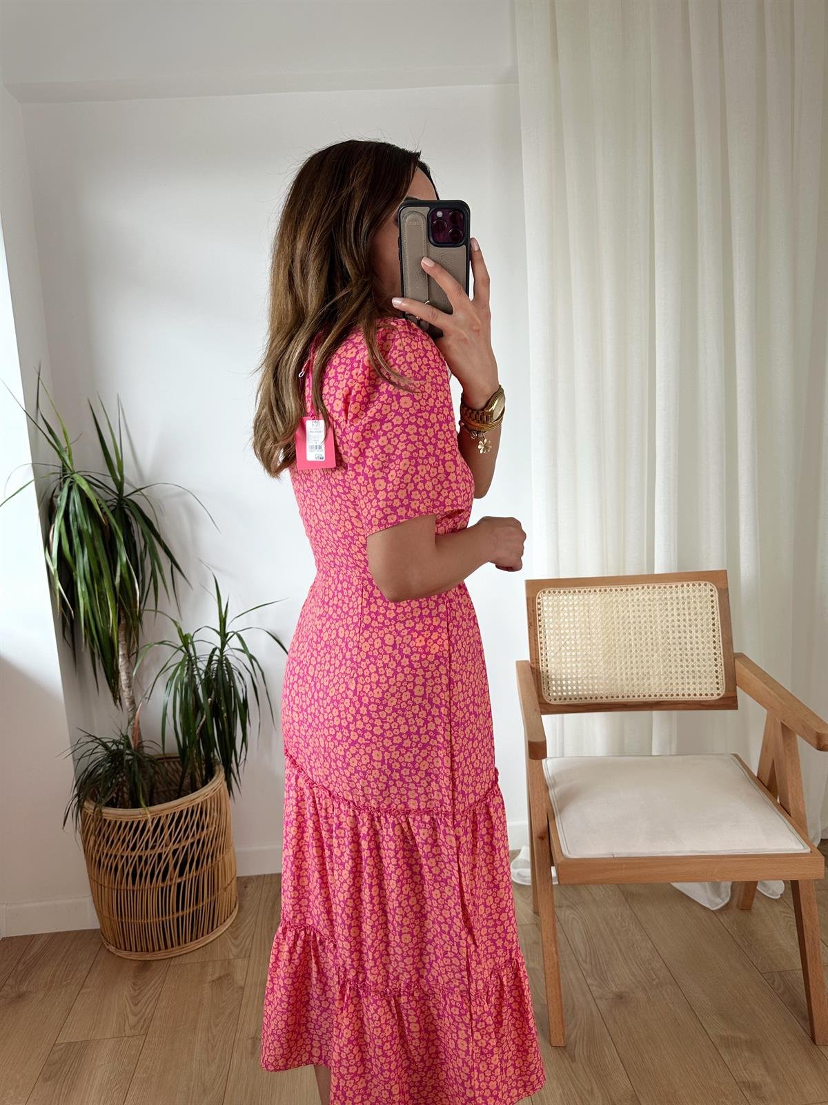 PEMBE ÇITIR DESENLİ ELBİSE