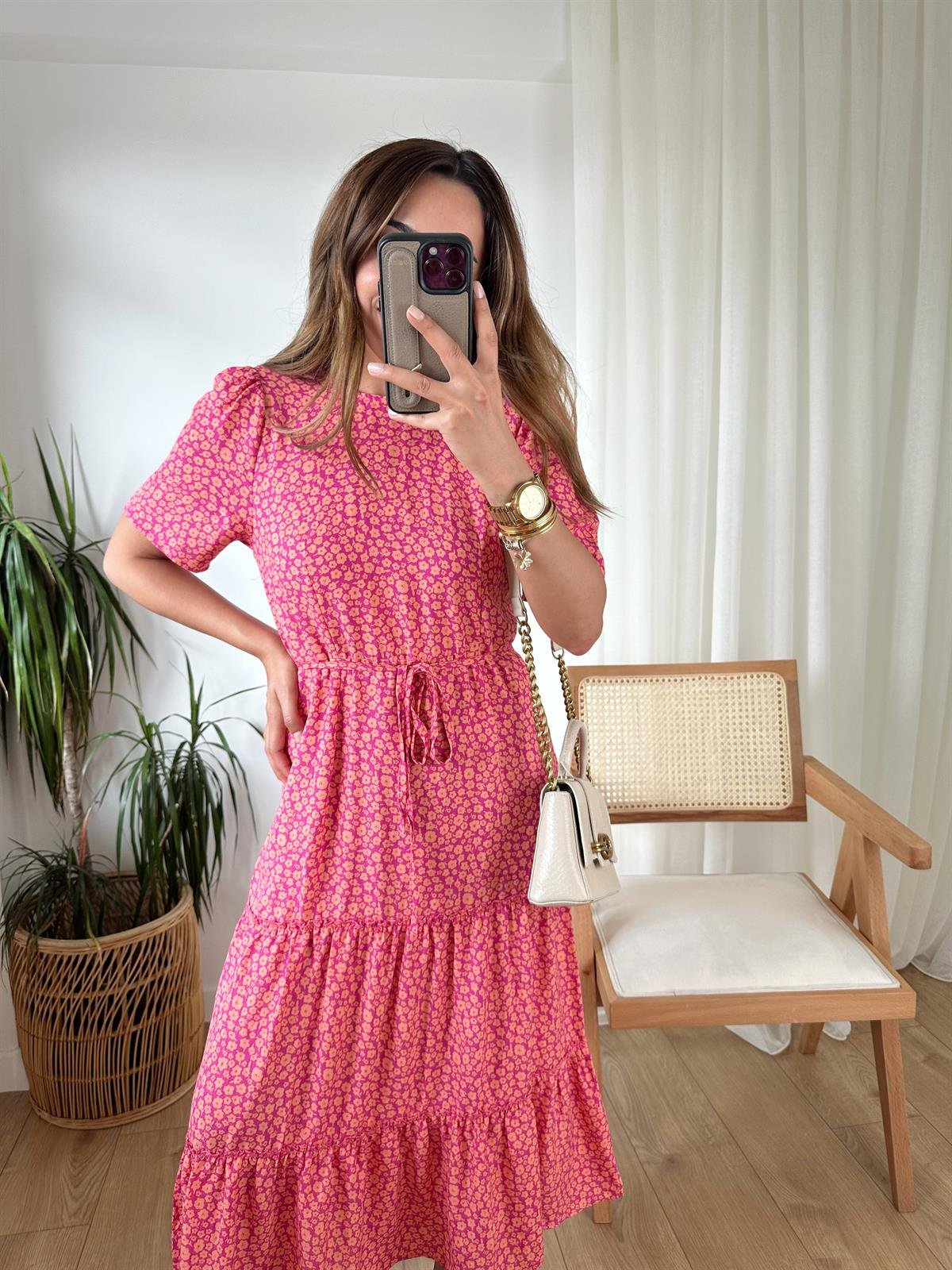 PEMBE ÇITIR DESENLİ ELBİSE