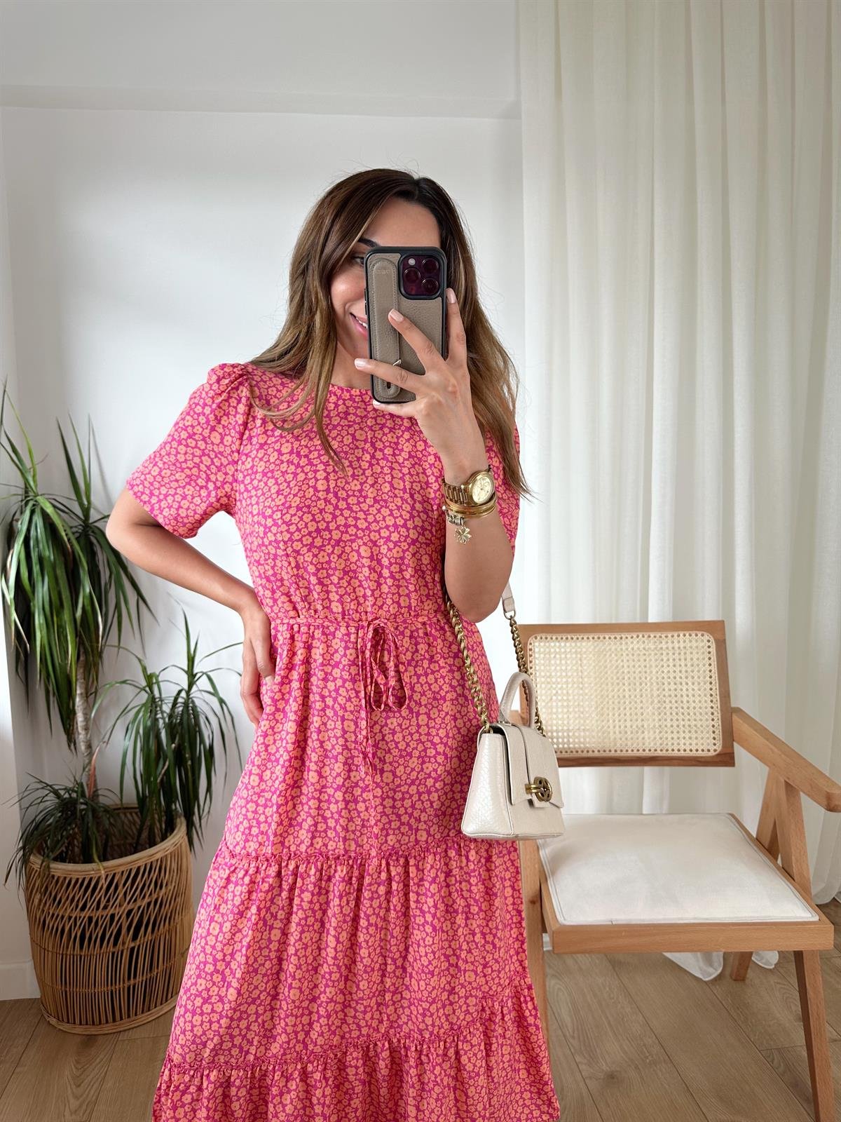 PEMBE ÇITIR DESENLİ ELBİSE