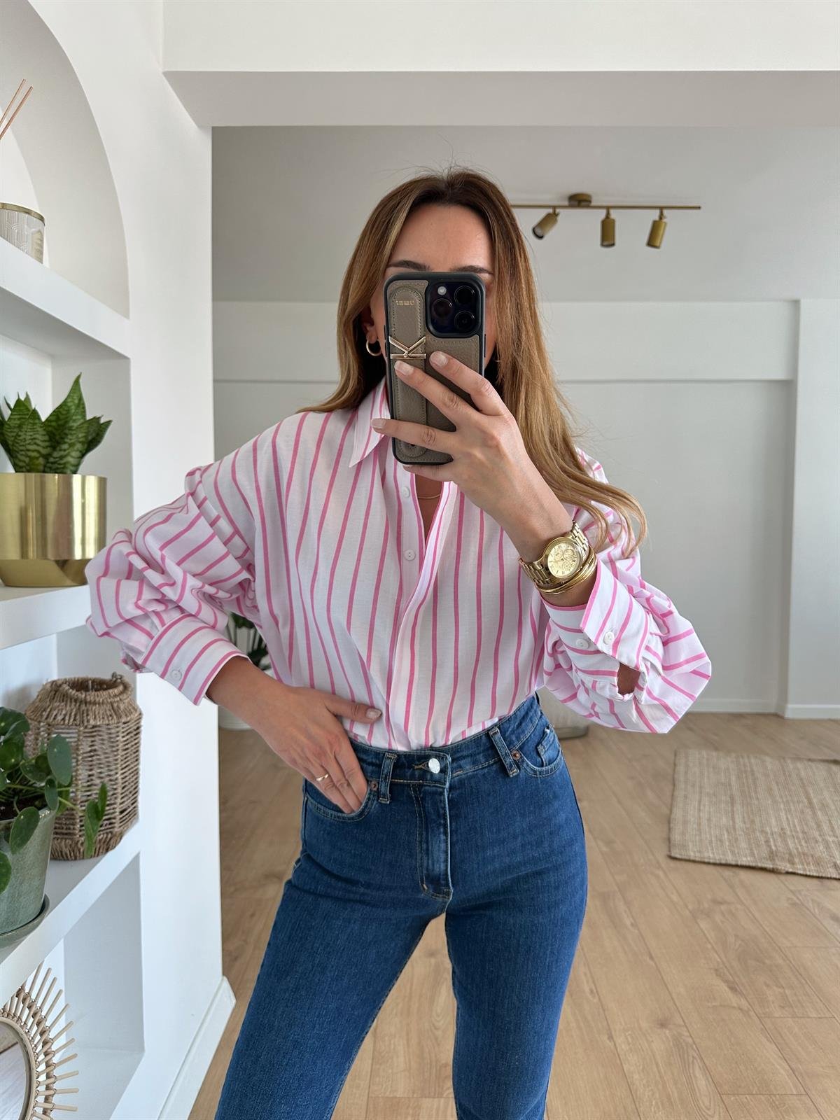 PEMBE ÇİZGİLİ OVERSIZE GÖMLEK