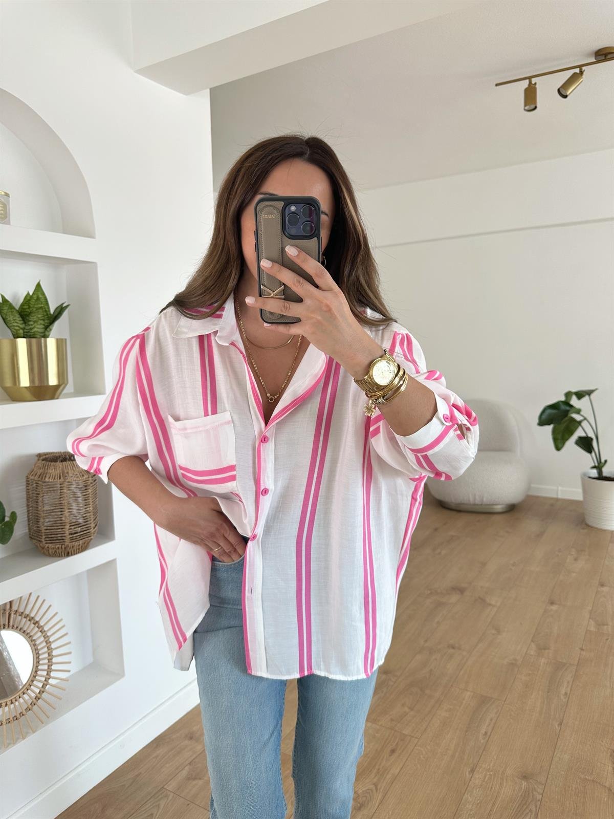 PEMBE ÇİZGİLİ TENSEL OVERSIZE GÖMLEK