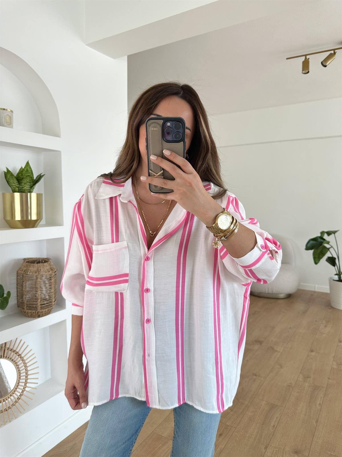 PEMBE ÇİZGİLİ TENSEL OVERSIZE GÖMLEK