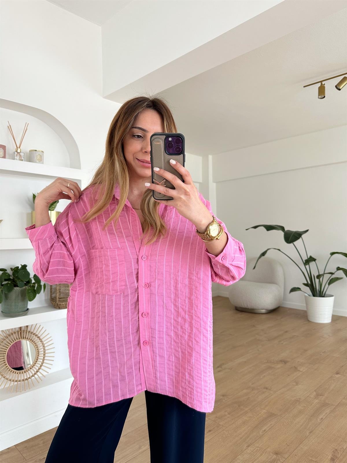 PEMBE ÇİZGİLİ TENSEL OVERSIZE GÖMLEK