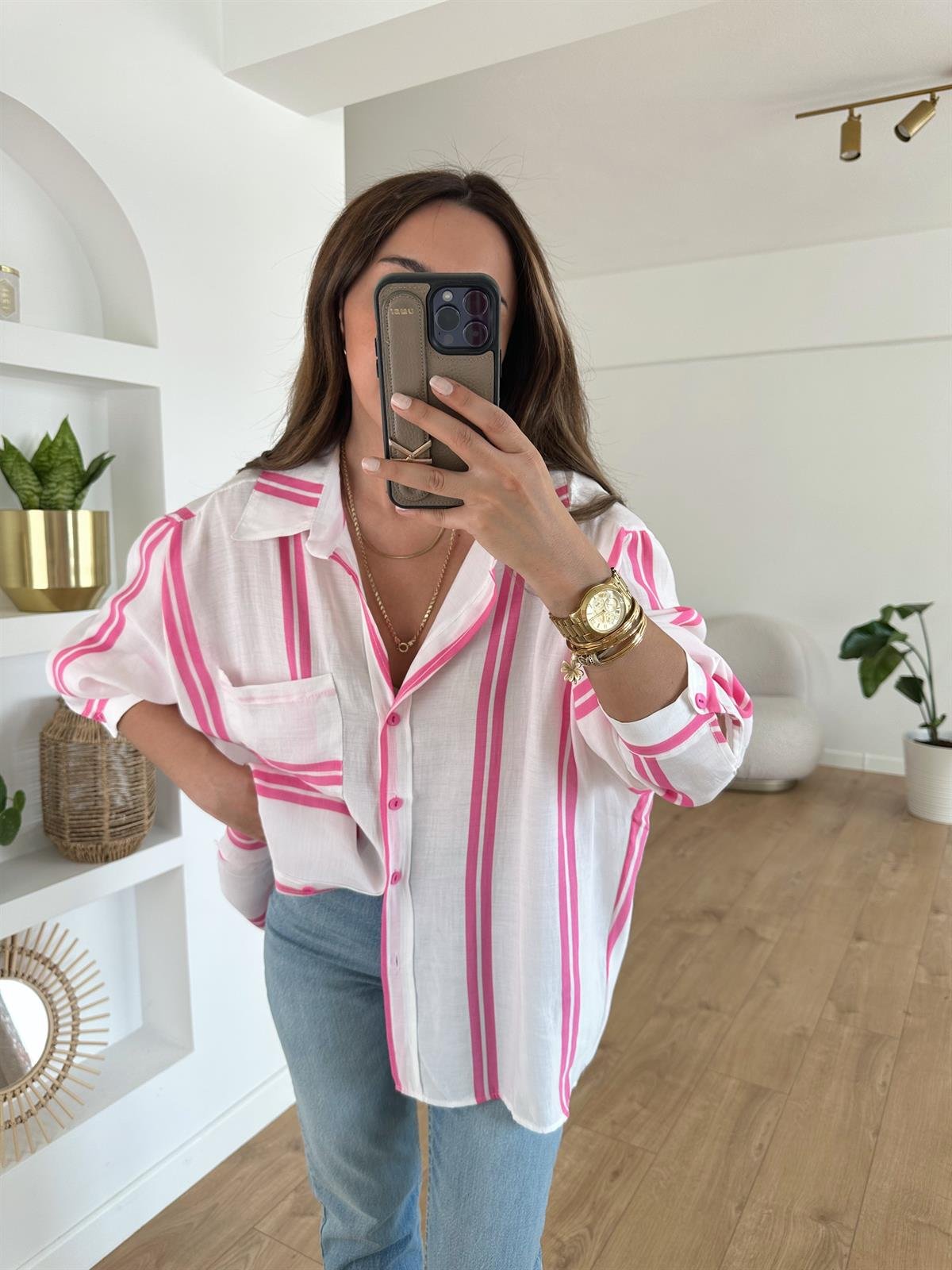 PEMBE ÇİZGİLİ TENSEL OVERSIZE GÖMLEK