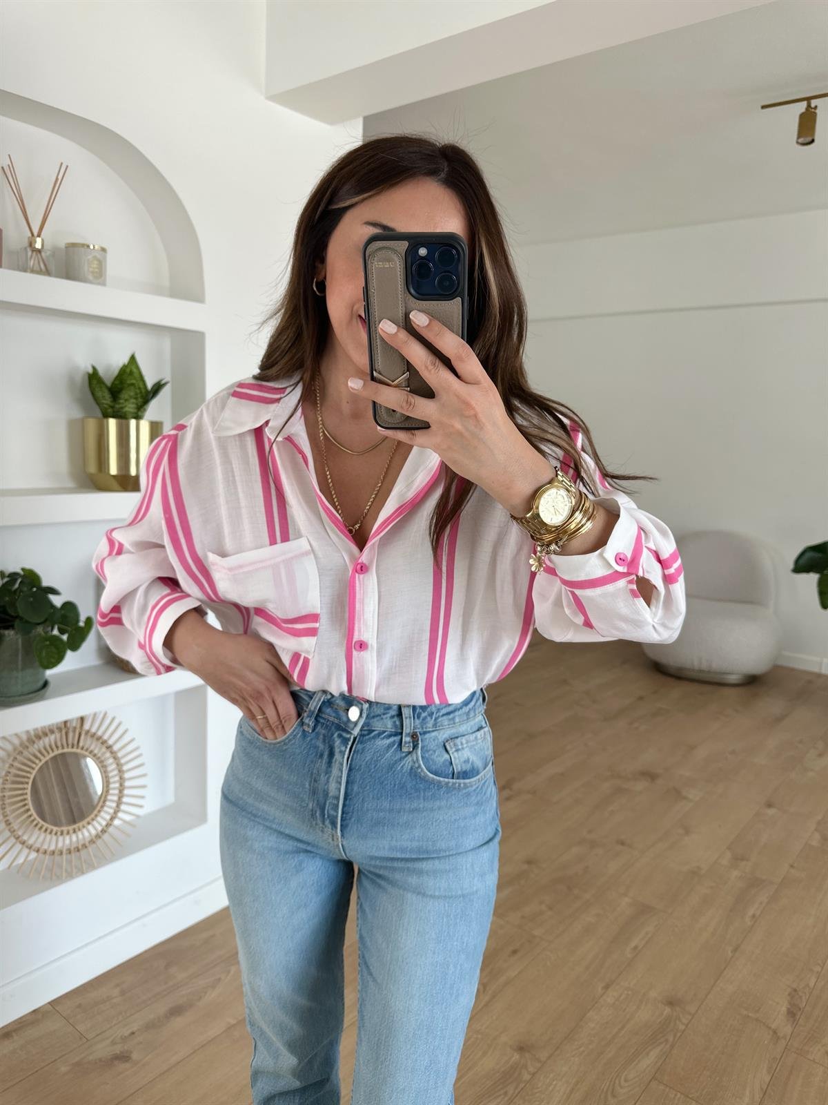 PEMBE ÇİZGİLİ TENSEL OVERSIZE GÖMLEK