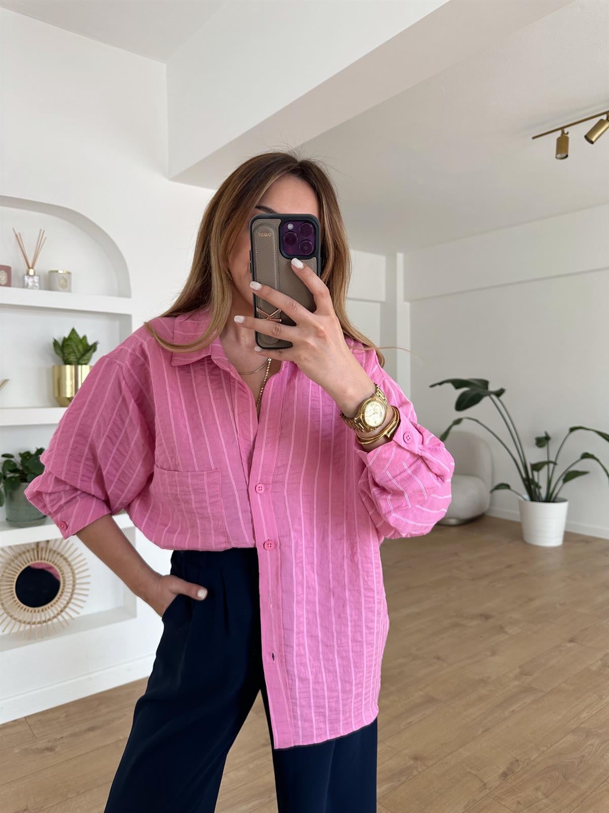 PEMBE ÇİZGİLİ TENSEL OVERSIZE GÖMLEK