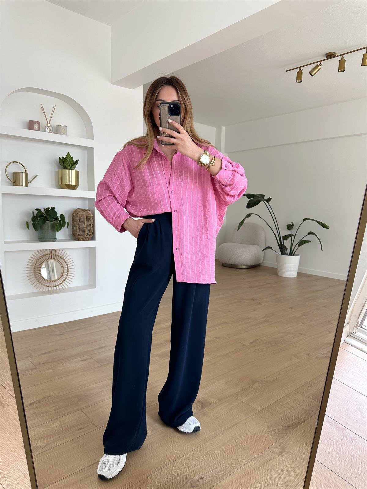 PEMBE ÇİZGİLİ TENSEL OVERSIZE GÖMLEK