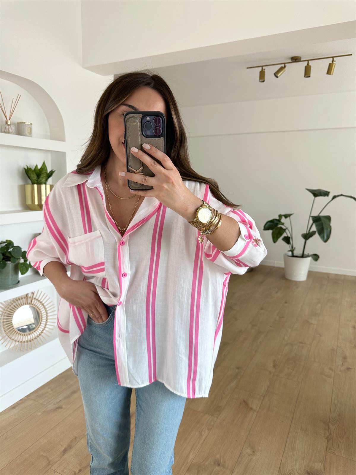 PEMBE ÇİZGİLİ TENSEL OVERSIZE GÖMLEK