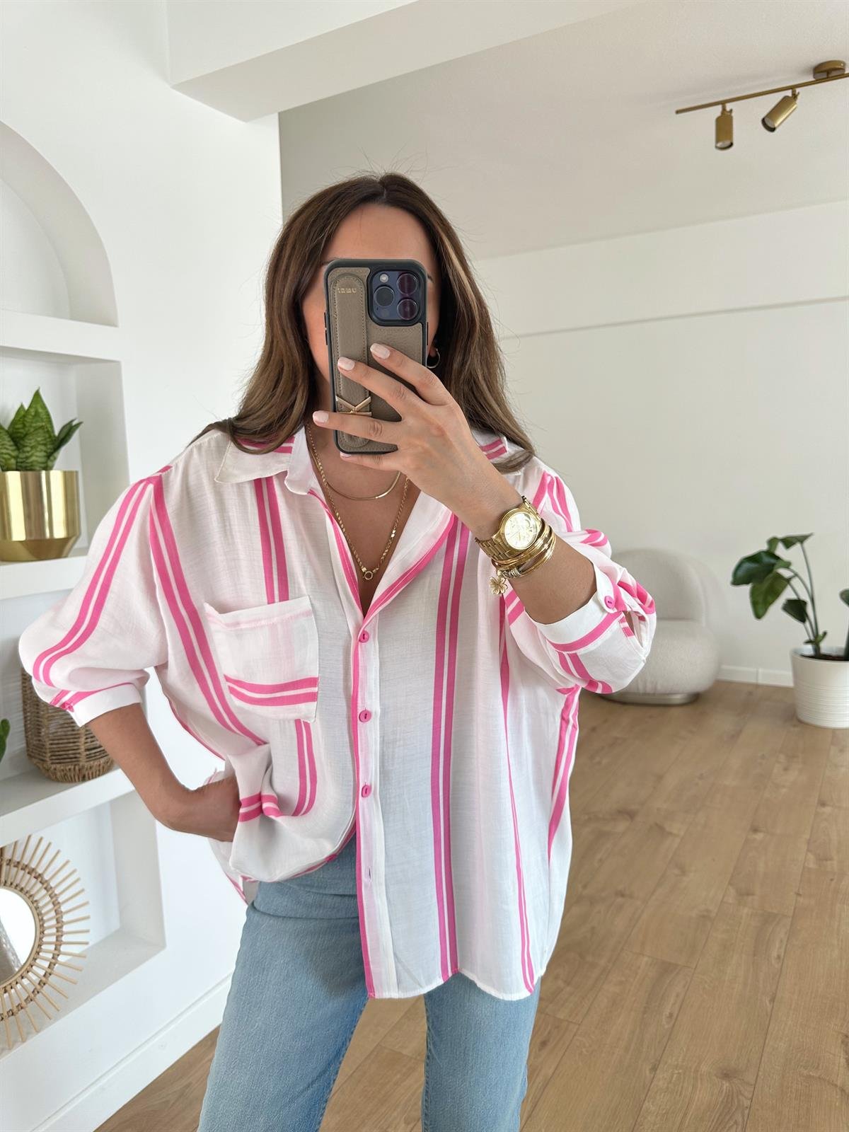 PEMBE ÇİZGİLİ TENSEL OVERSIZE GÖMLEK