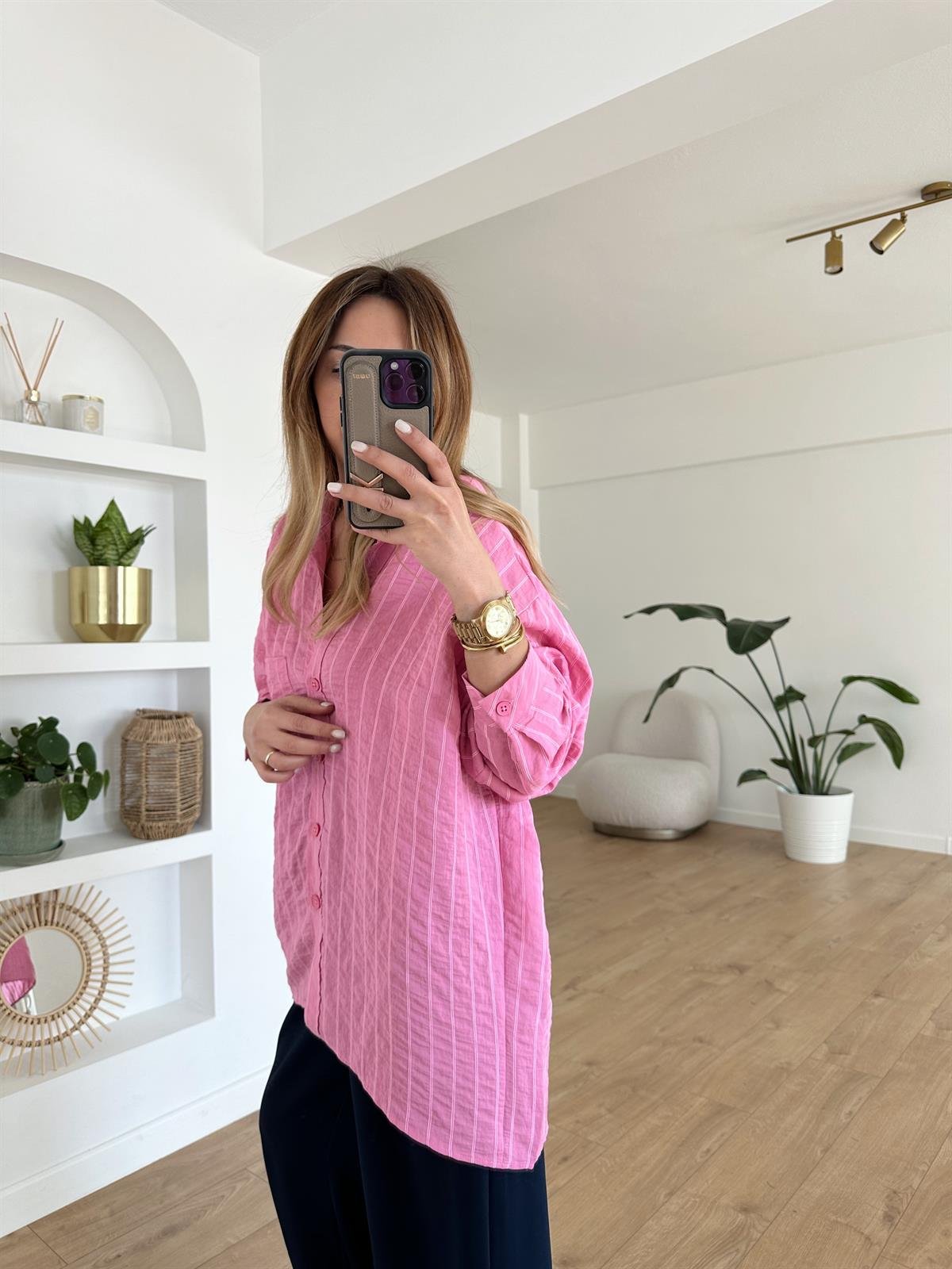 PEMBE ÇİZGİLİ TENSEL OVERSIZE GÖMLEK