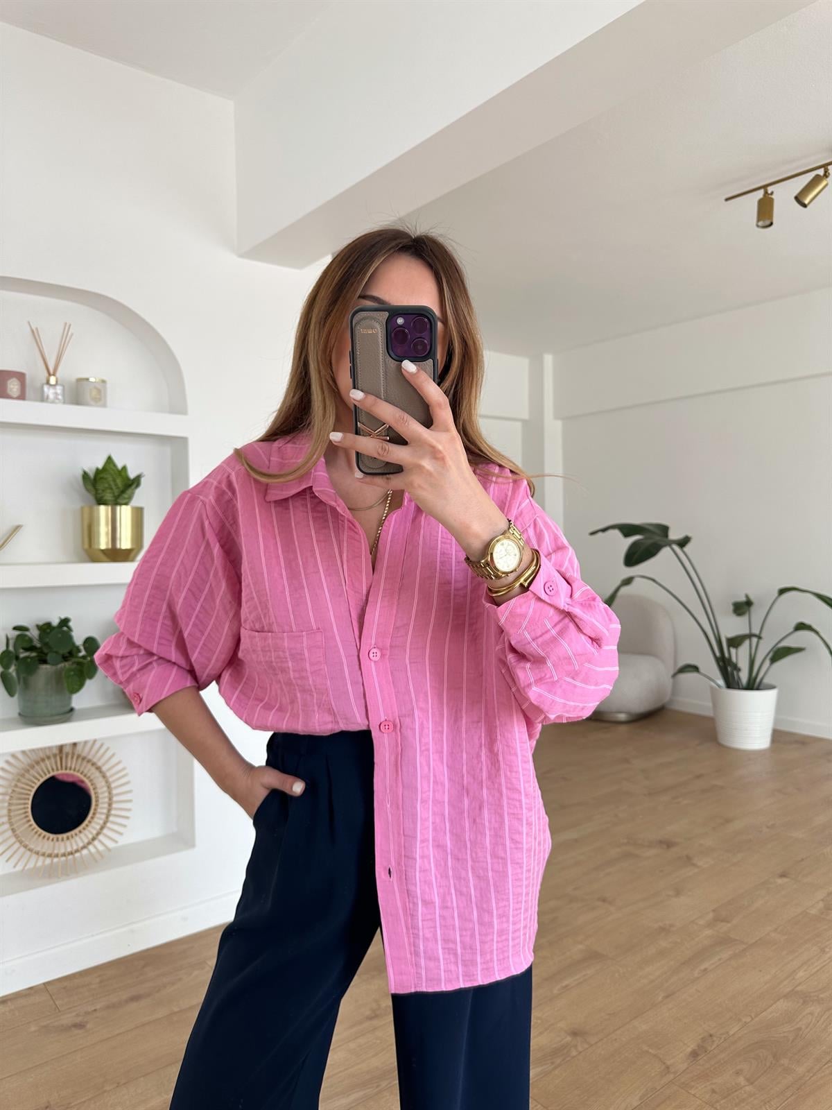 PEMBE ÇİZGİLİ TENSEL OVERSIZE GÖMLEK