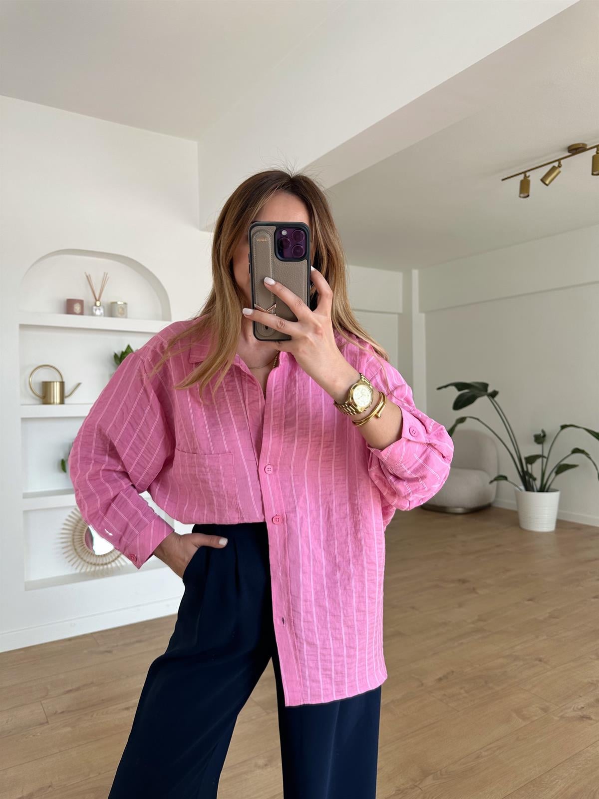 PEMBE ÇİZGİLİ TENSEL OVERSIZE GÖMLEK
