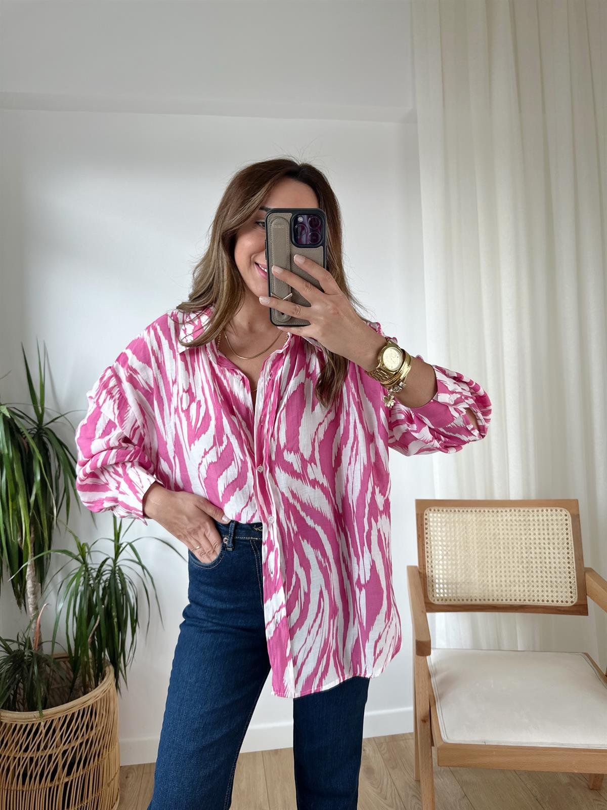 PEMBE DESENLİ TENSEL OVERSIZE GÖMLEK