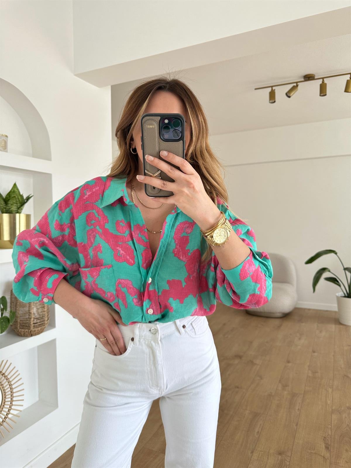 PEMBE DESENLİ TENSEL OVERSIZE GÖMLEK