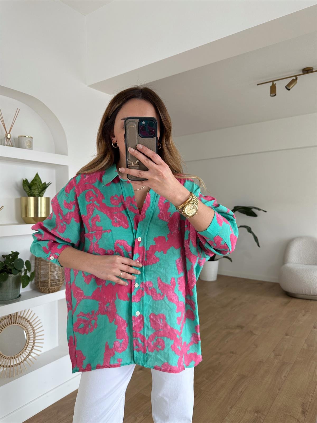 PEMBE DESENLİ TENSEL OVERSIZE GÖMLEK
