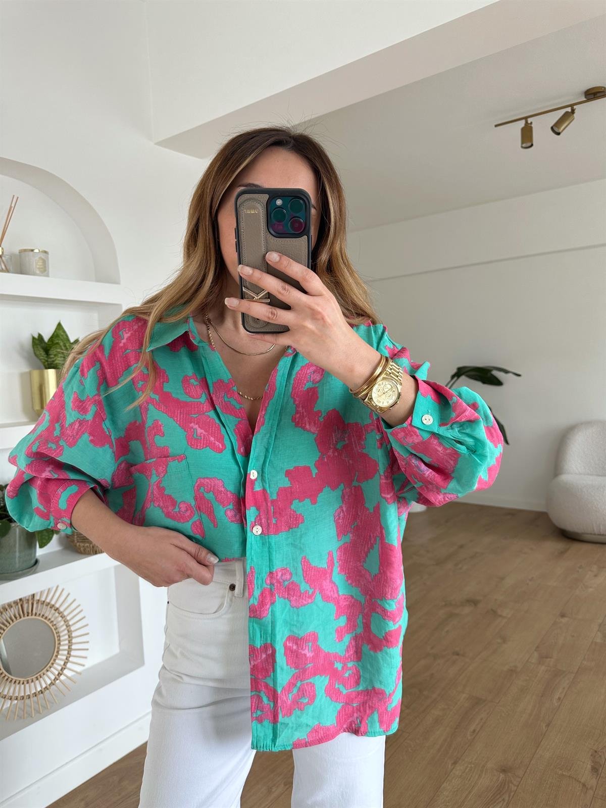PEMBE DESENLİ TENSEL OVERSIZE GÖMLEK