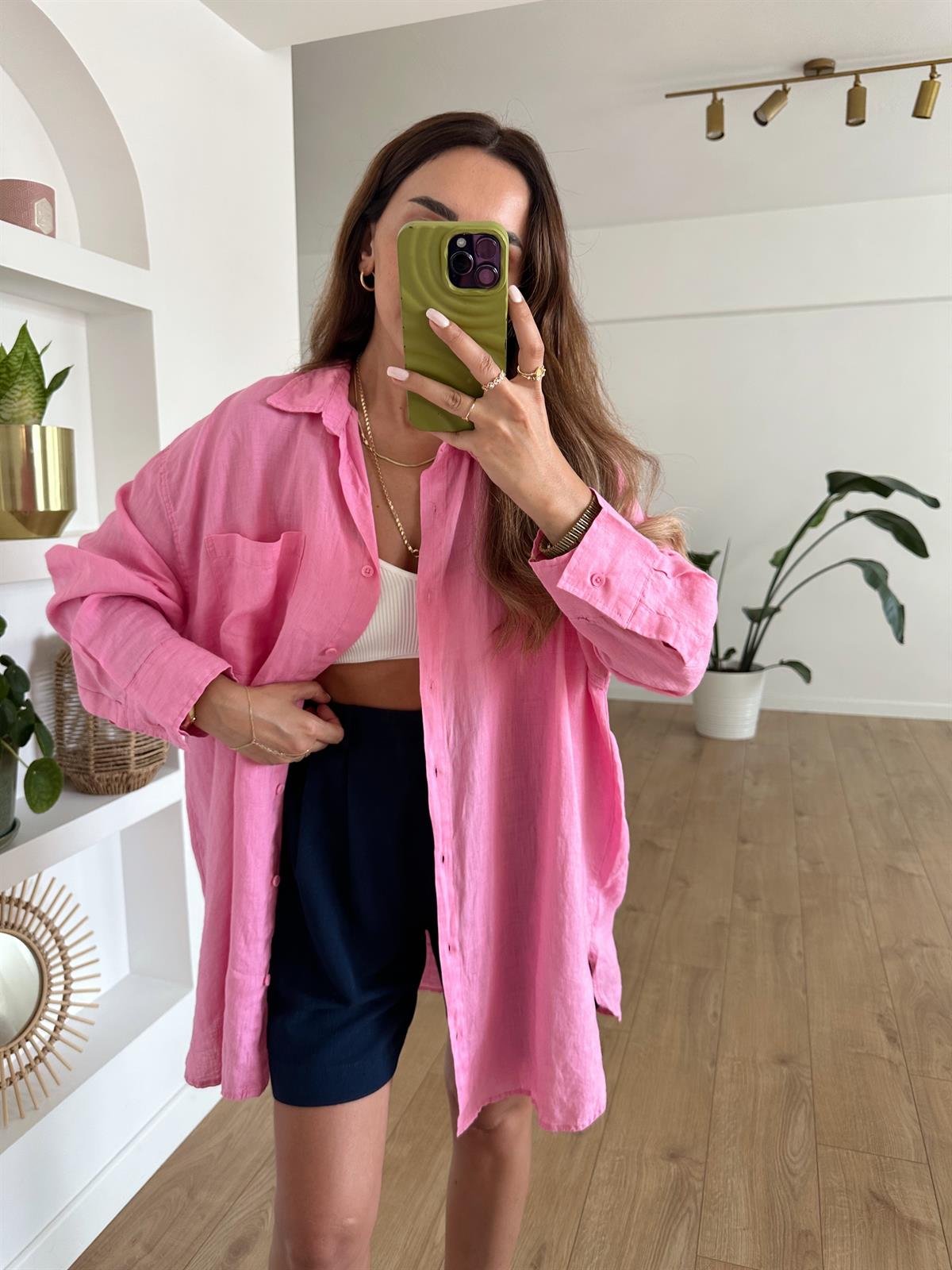 PEMBE HAM KETEN OVERSIZE TUNİK GÖMLEK