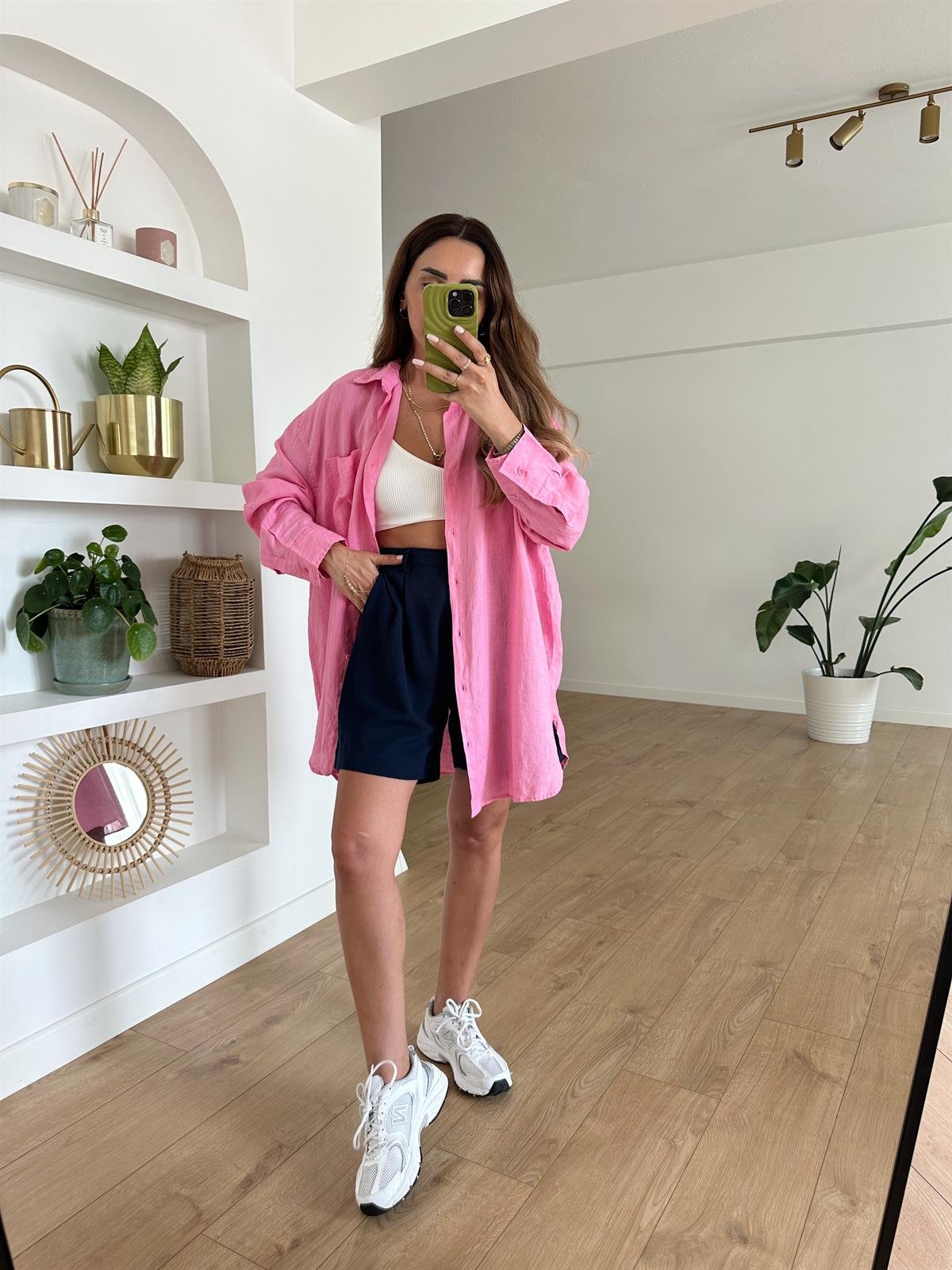 PEMBE HAM KETEN OVERSIZE TUNİK GÖMLEK