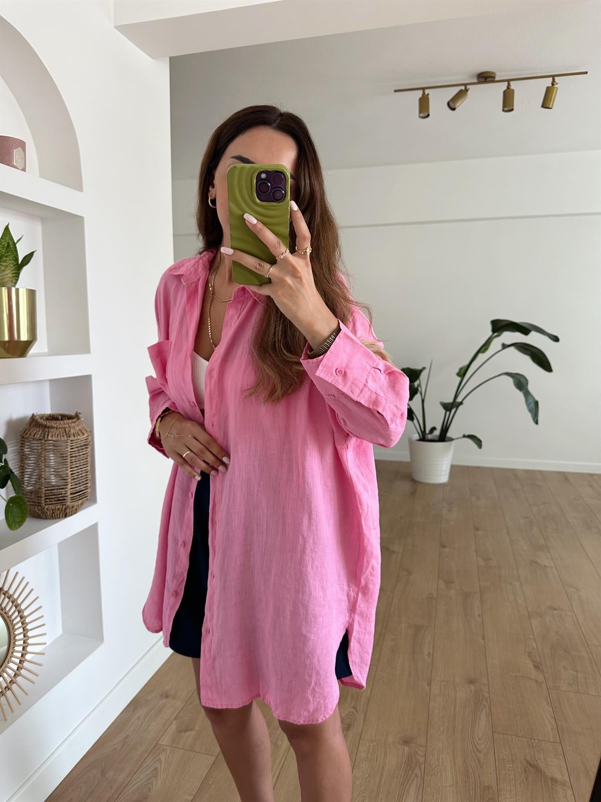 PEMBE HAM KETEN OVERSIZE TUNİK GÖMLEK