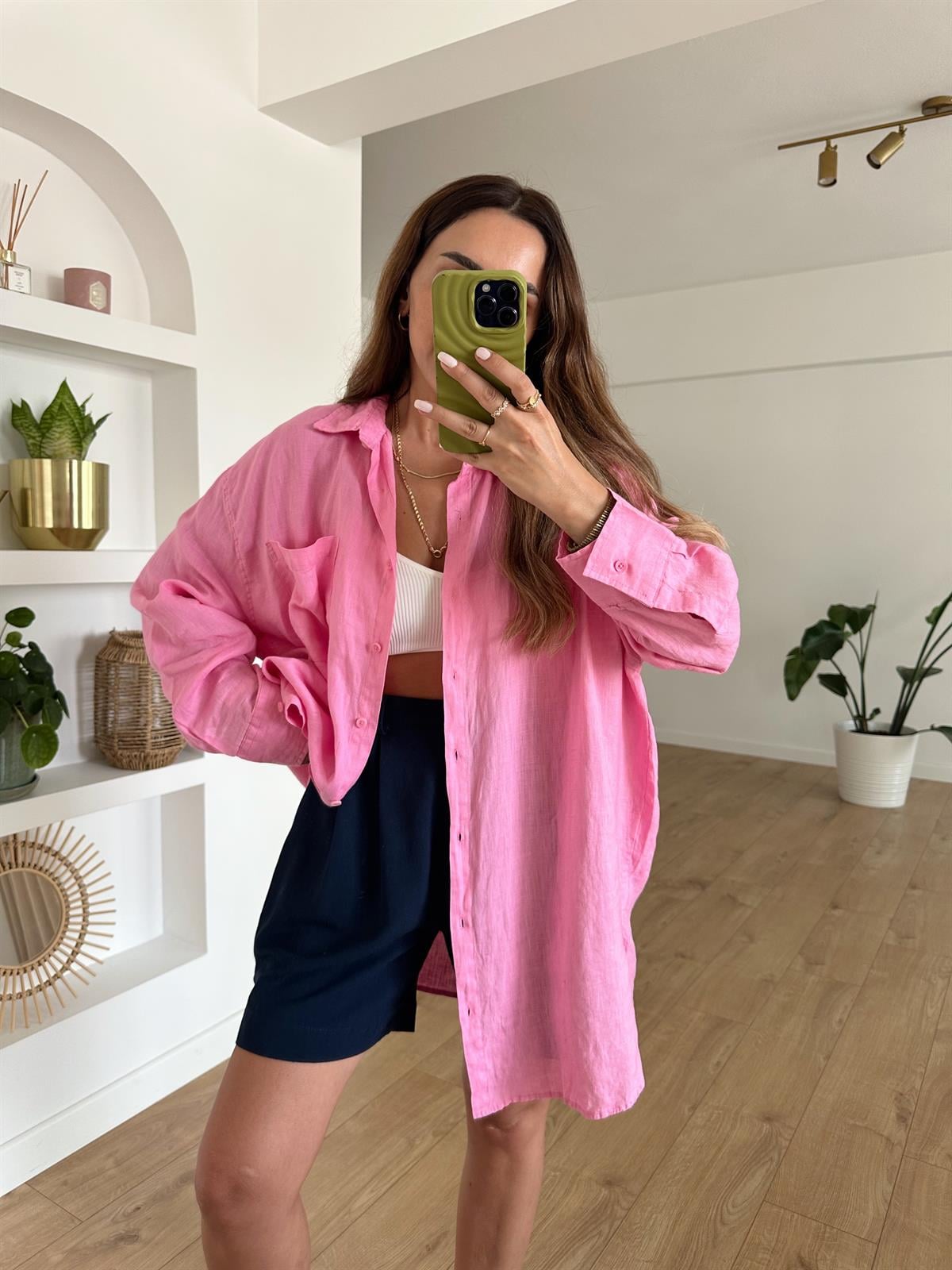 PEMBE HAM KETEN OVERSIZE TUNİK GÖMLEK