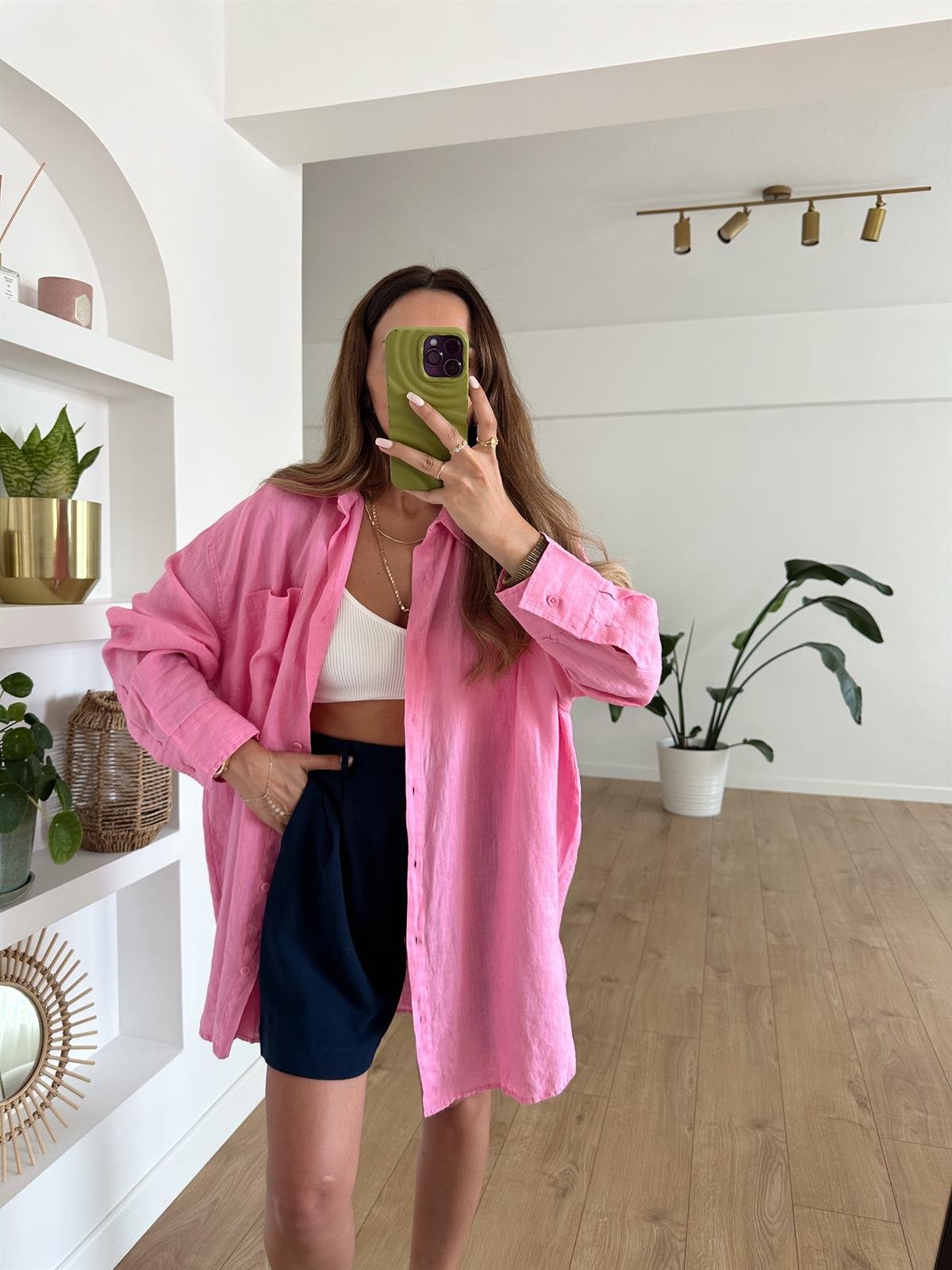 PEMBE HAM KETEN OVERSIZE TUNİK GÖMLEK