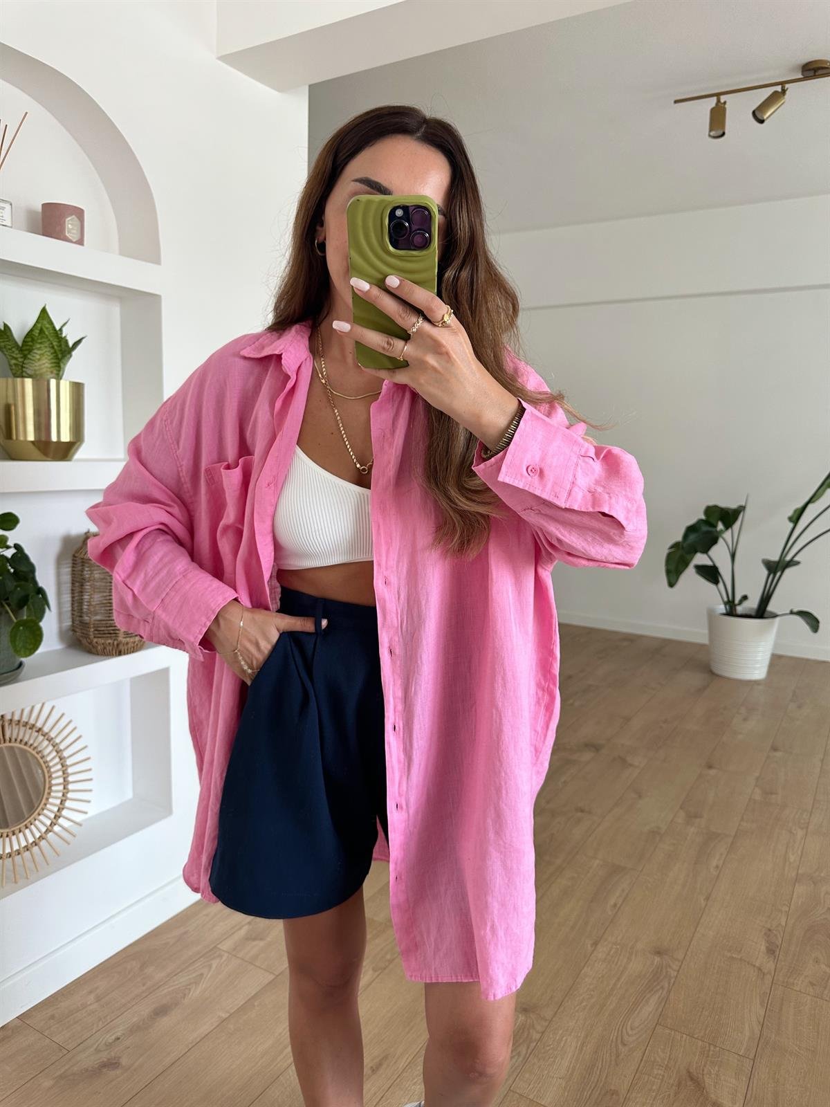 PEMBE HAM KETEN OVERSIZE TUNİK GÖMLEK