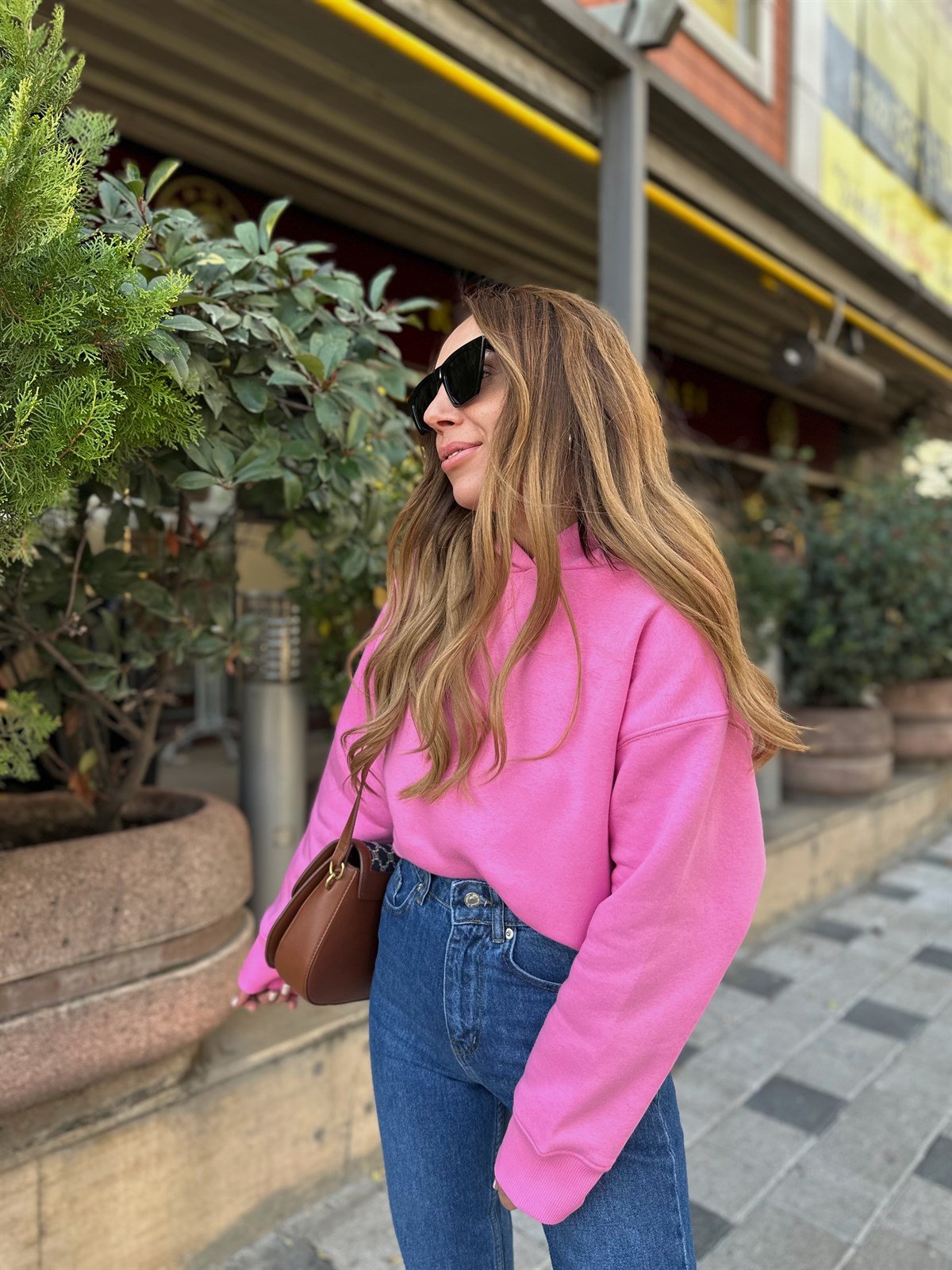 PEMBE KAPŞONLU KALIN SWEAT