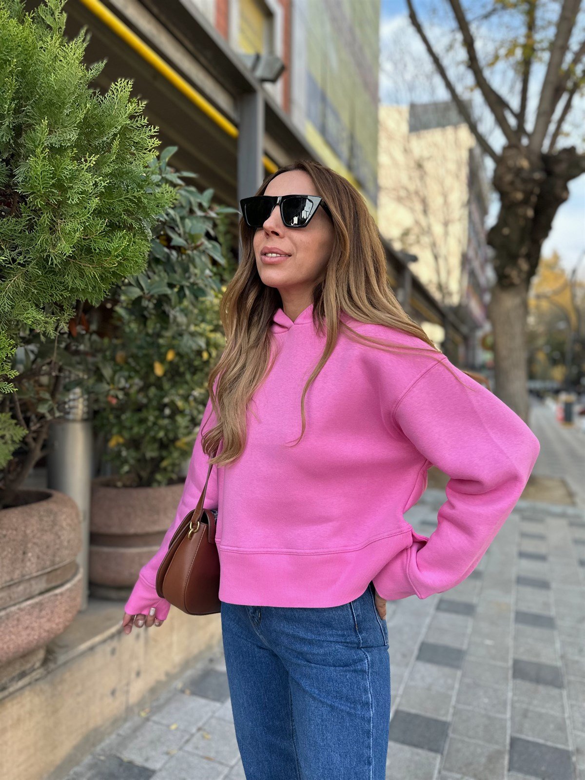 PEMBE KAPŞONLU KALIN SWEAT
