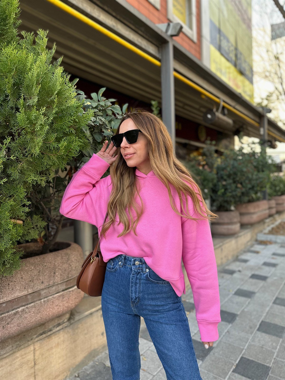 PEMBE KAPŞONLU KALIN SWEAT
