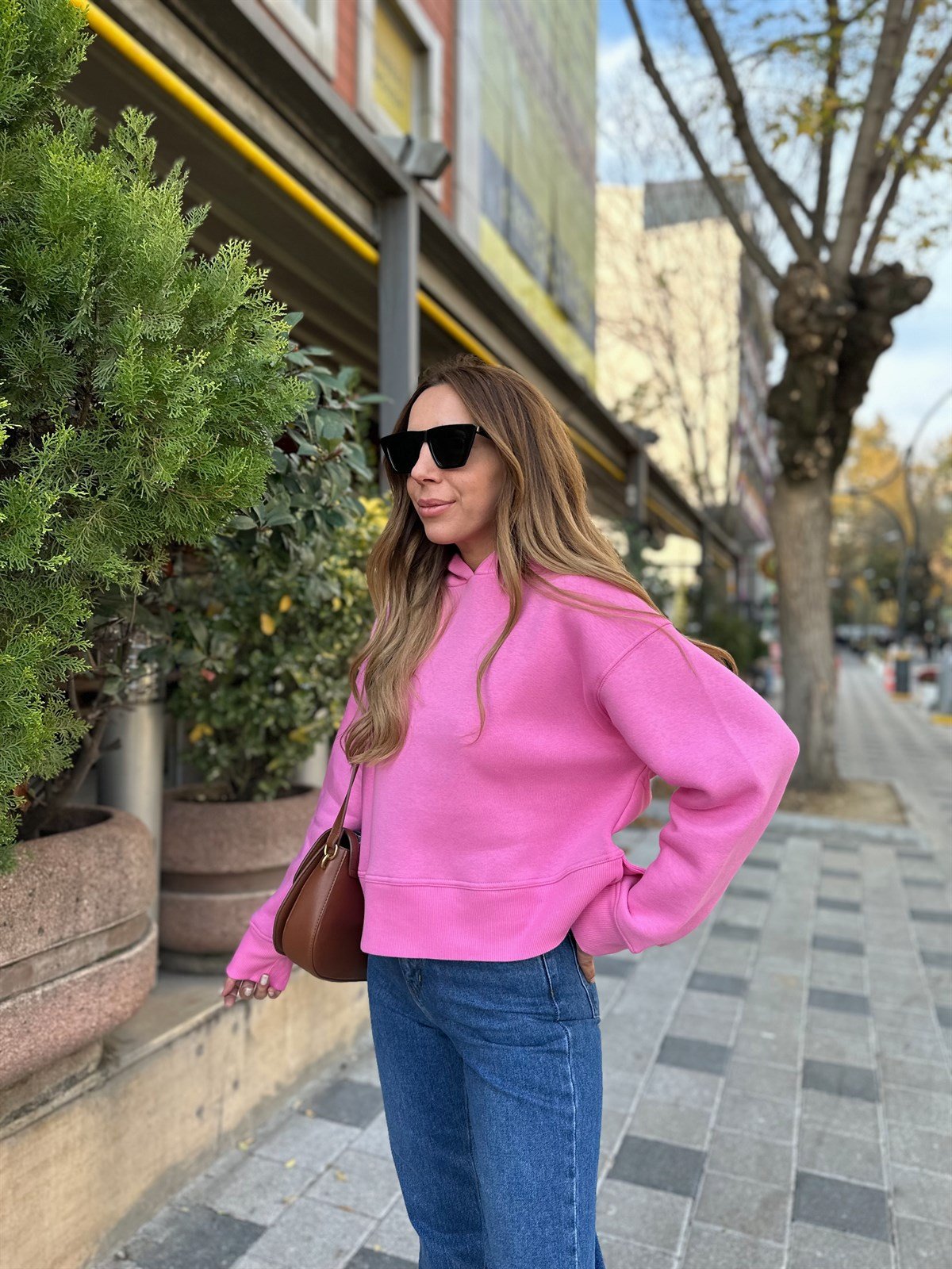 PEMBE KAPŞONLU KALIN SWEAT