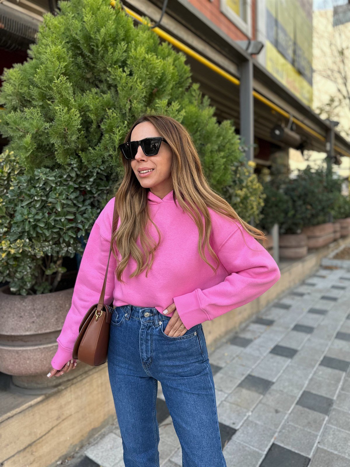 PEMBE KAPŞONLU KALIN SWEAT