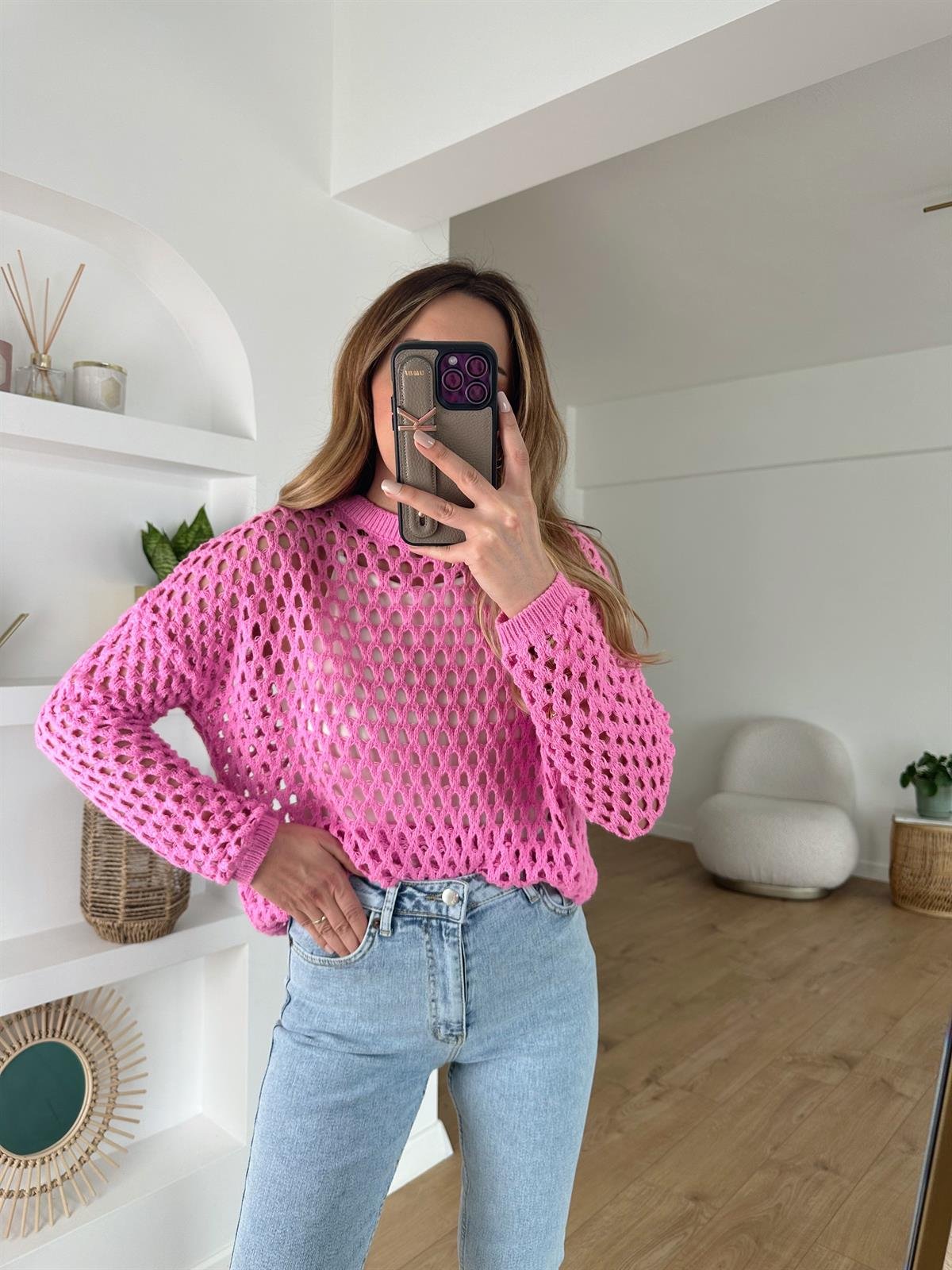PEMBE ÖRGÜ DETAYLI TRİKO