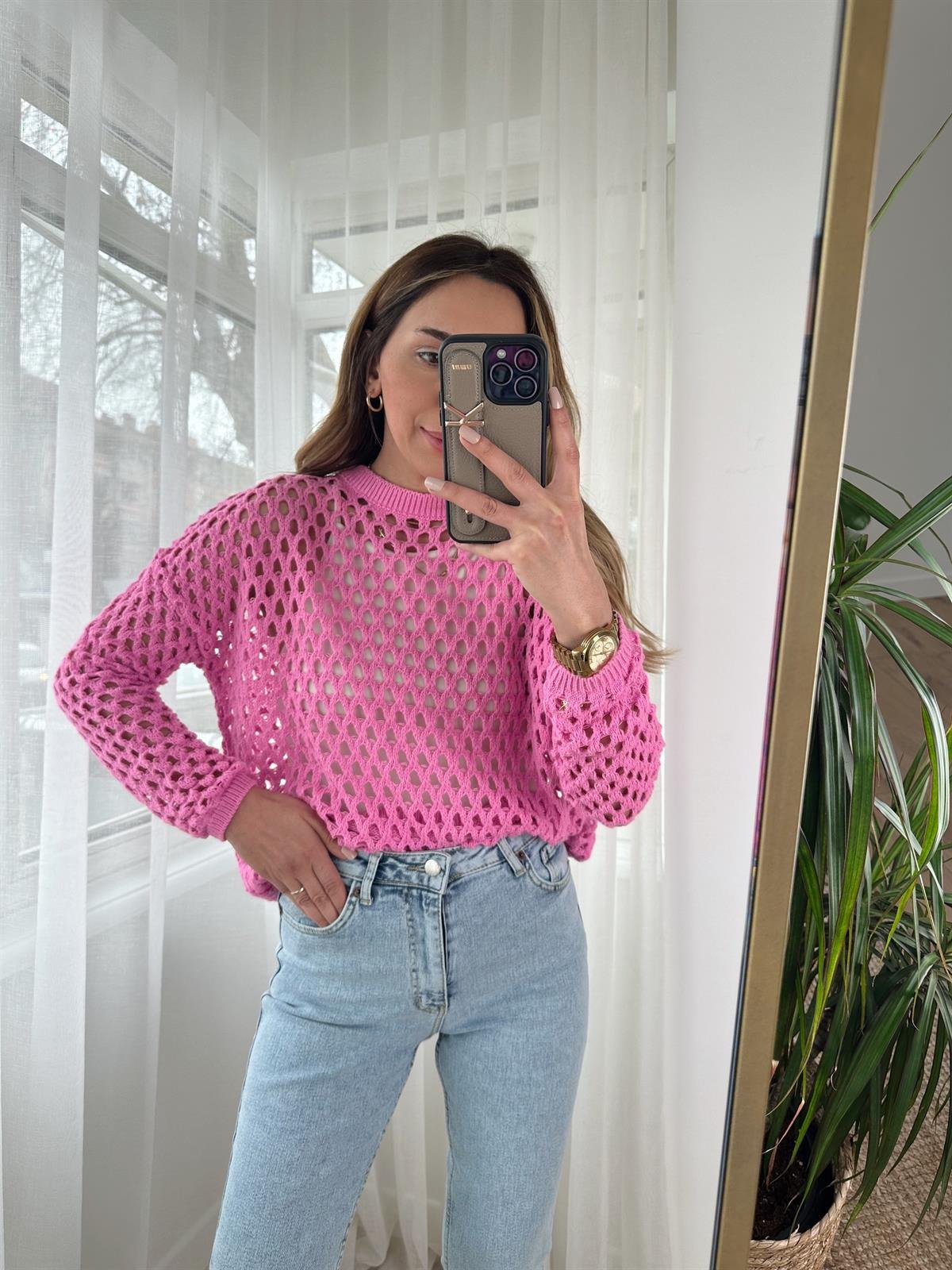PEMBE ÖRGÜ DETAYLI TRİKO