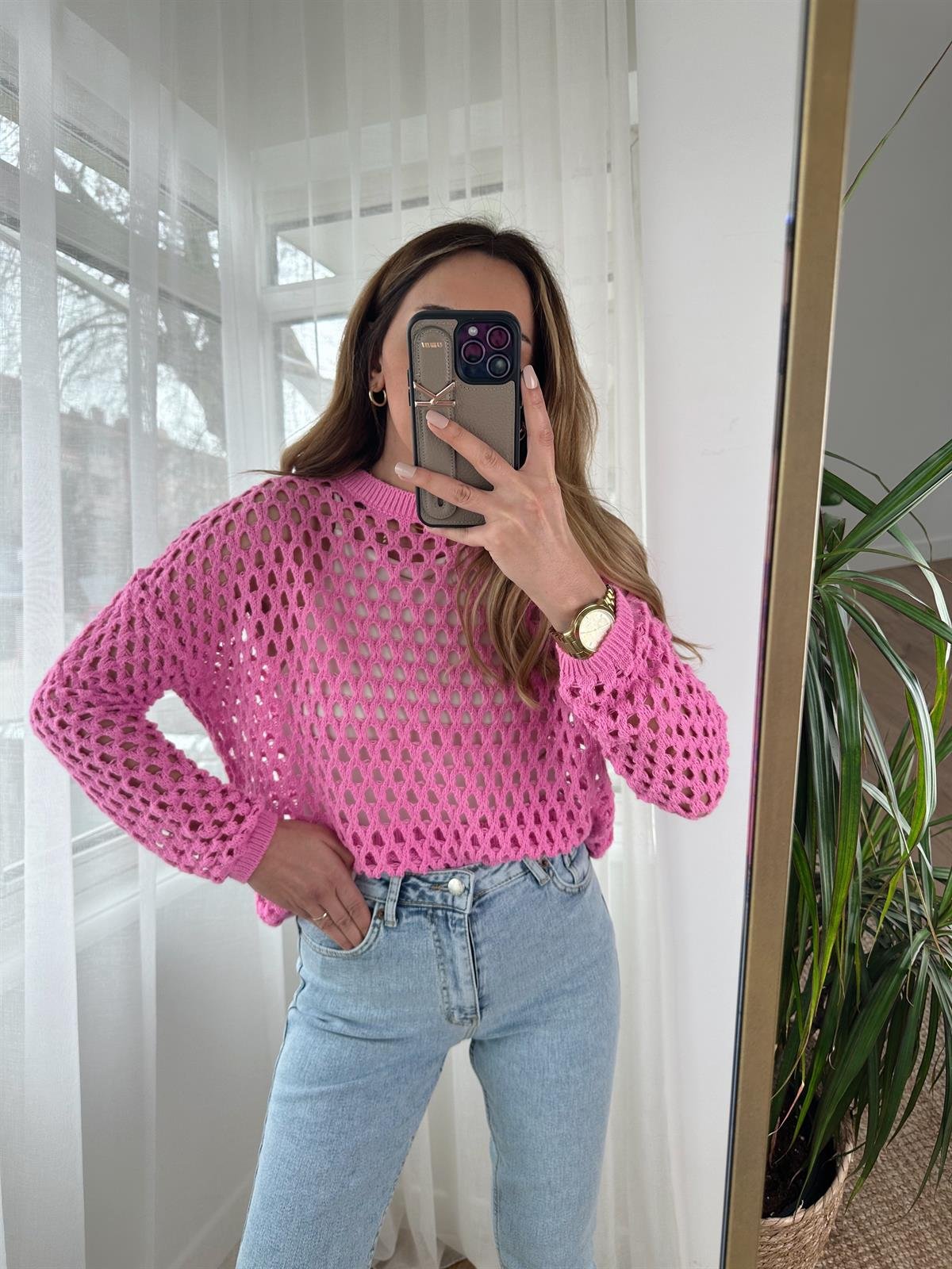 PEMBE ÖRGÜ DETAYLI TRİKO