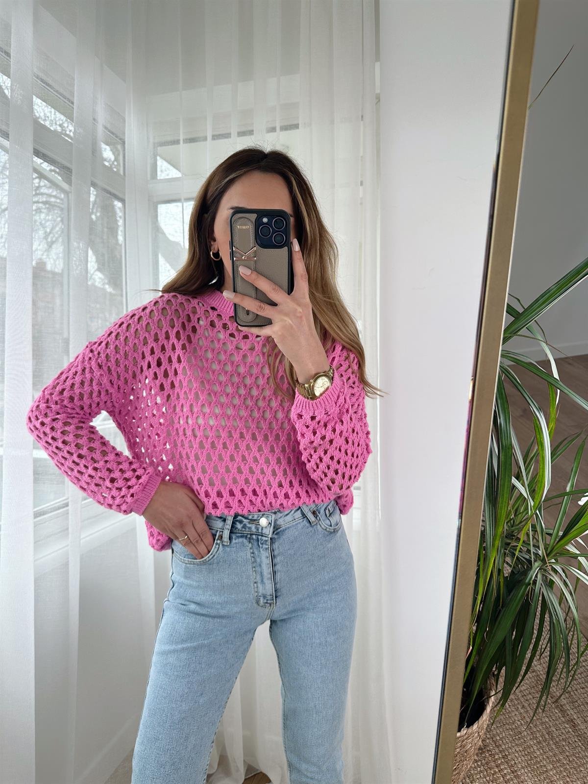 PEMBE ÖRGÜ DETAYLI TRİKO