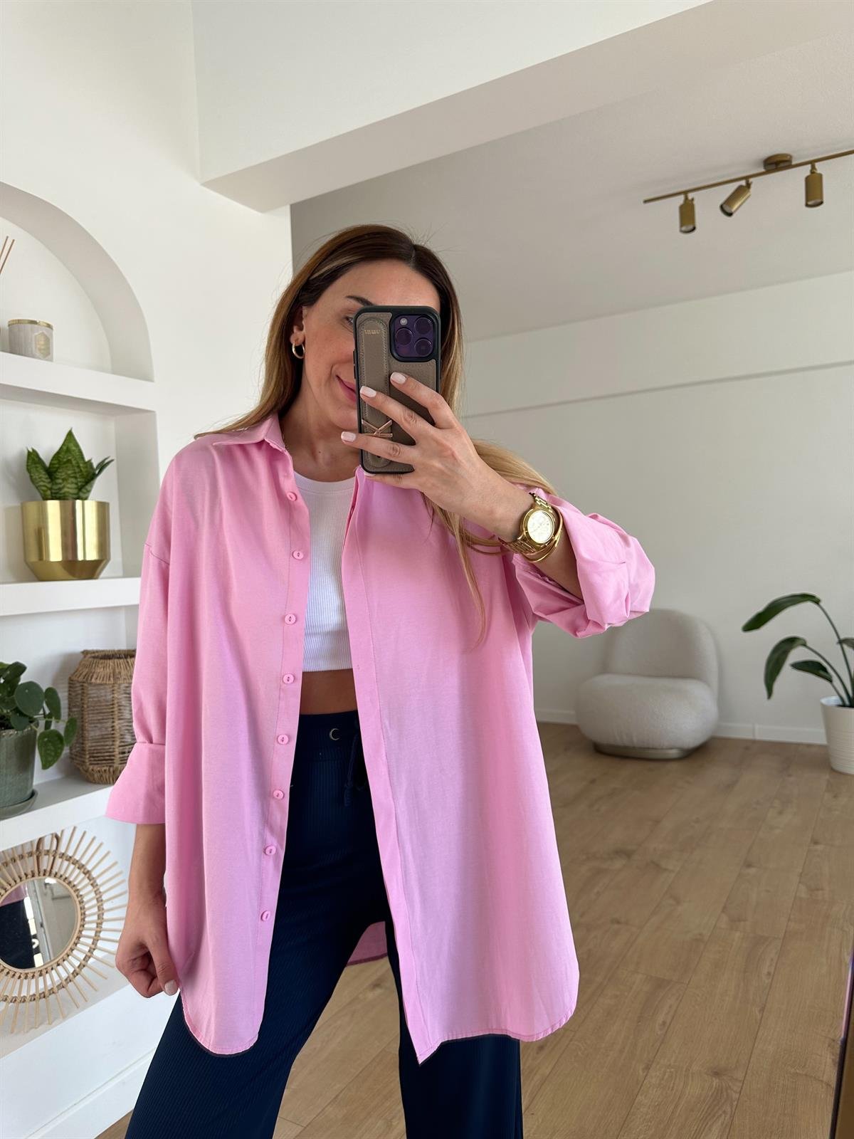 PEMBE PAMUKLU OVERSIZE GÖMLEK