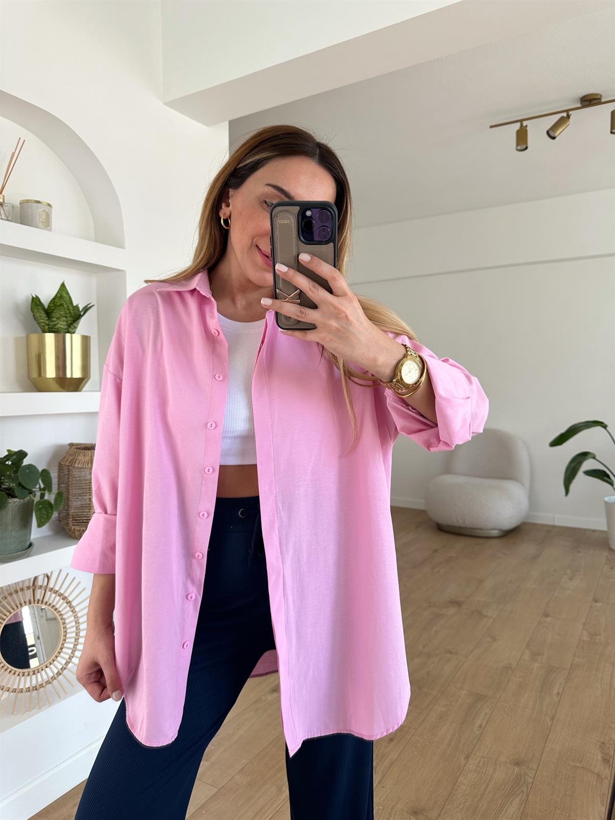 PEMBE PAMUKLU OVERSIZE GÖMLEK