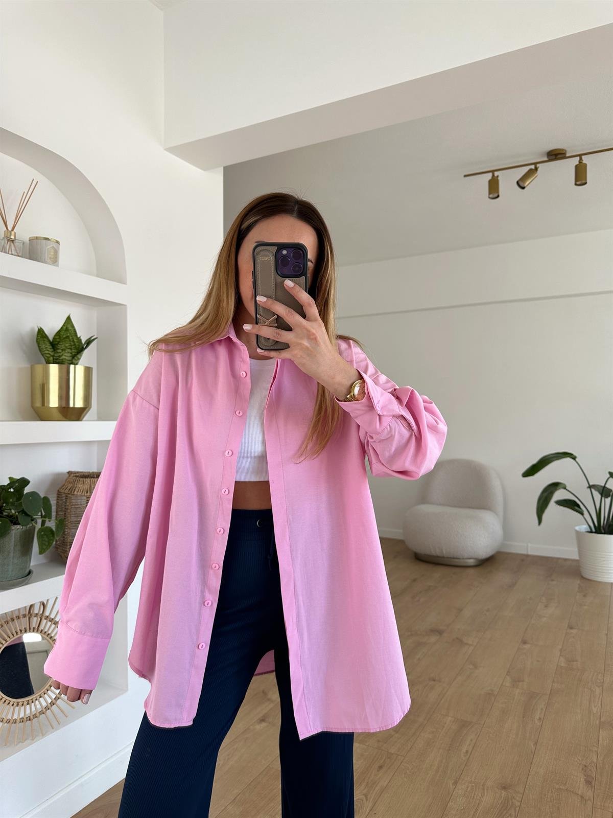 PEMBE PAMUKLU OVERSIZE GÖMLEK
