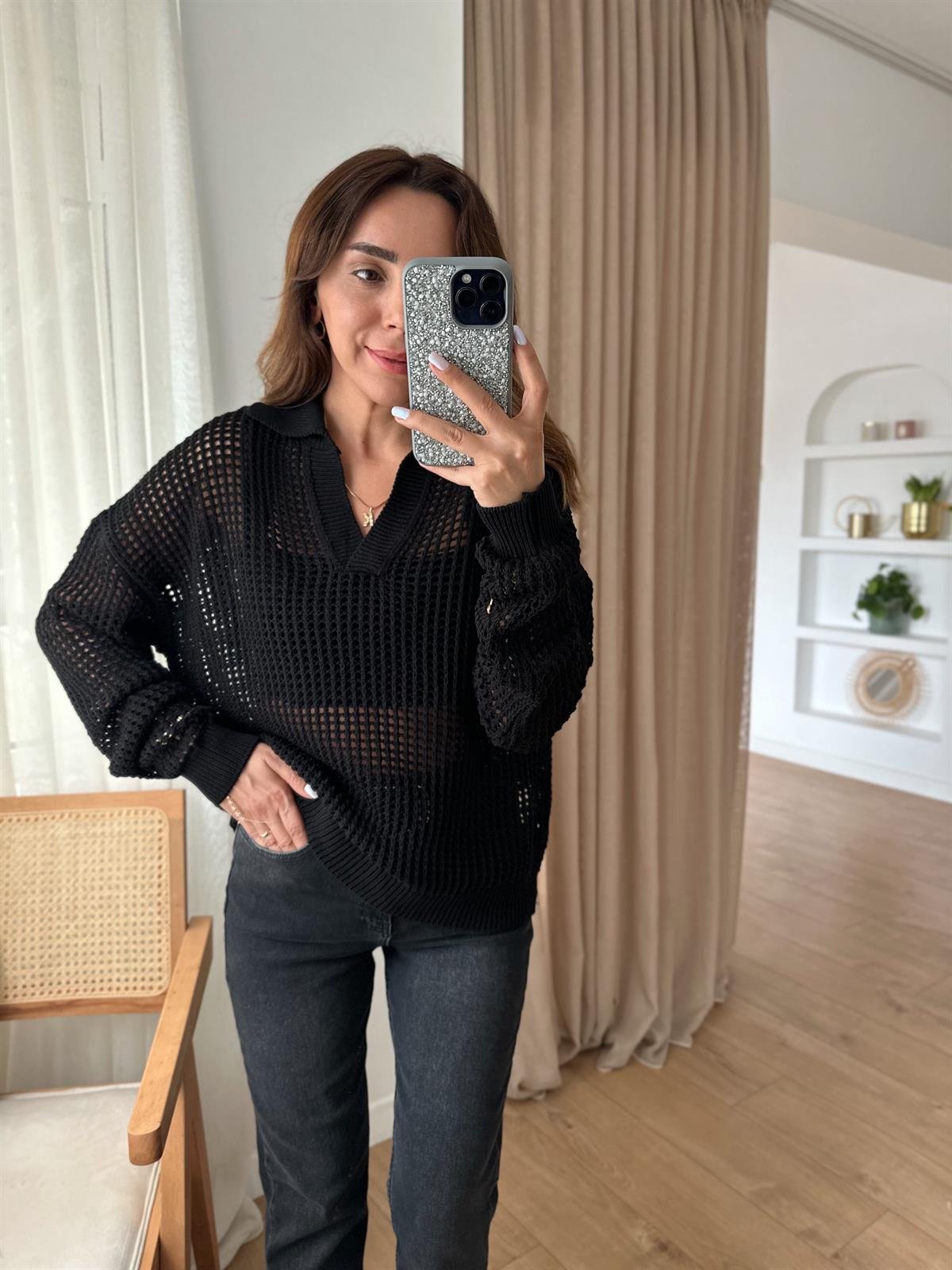 POLO YAKA AJURLU SİYAH TRİKO
