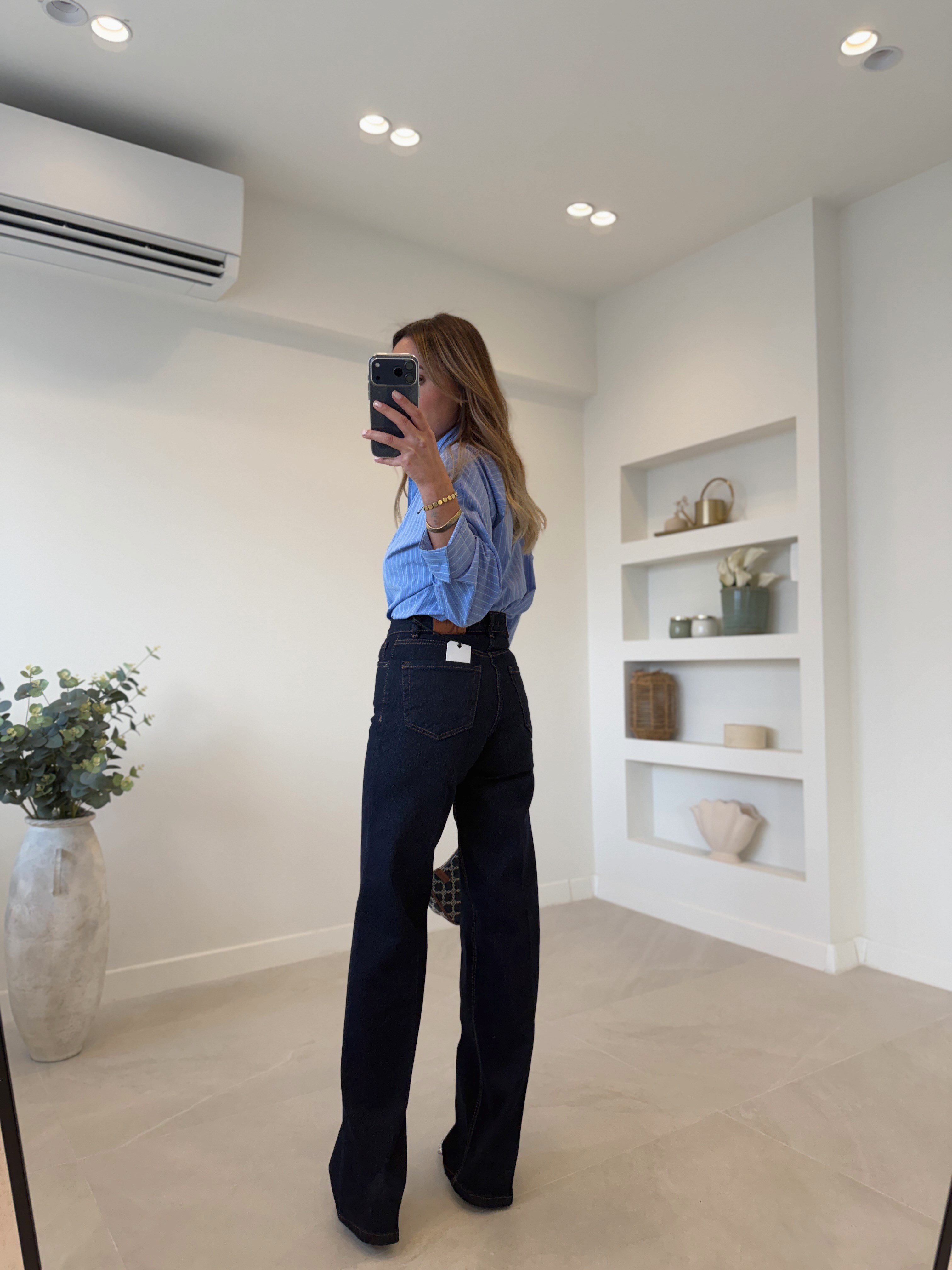 RM1005 Rins Yıkama Önü Çizgili Wide Leg Jean