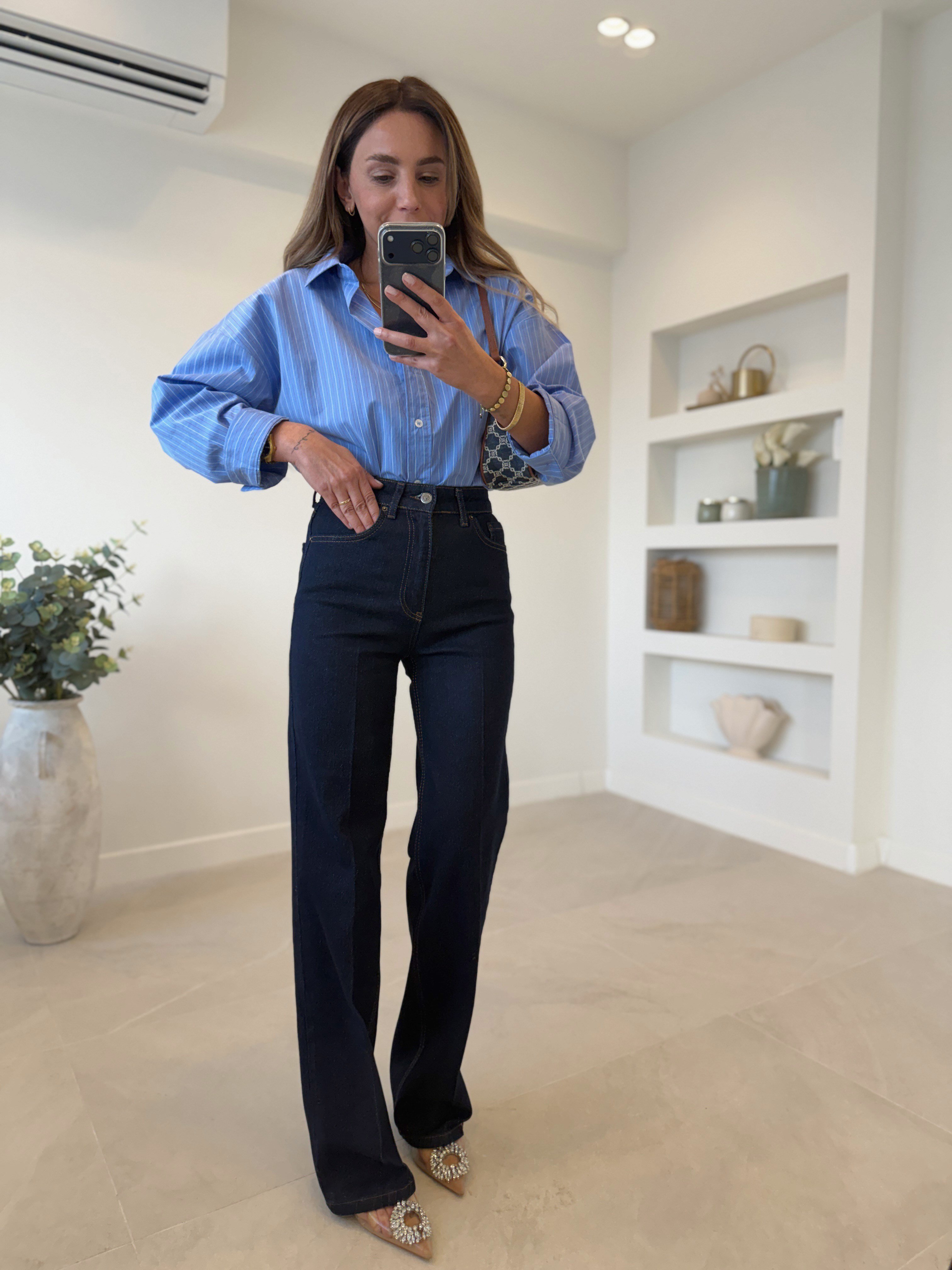 RM1005 Rins Yıkama Önü Çizgili Wide Leg Jean