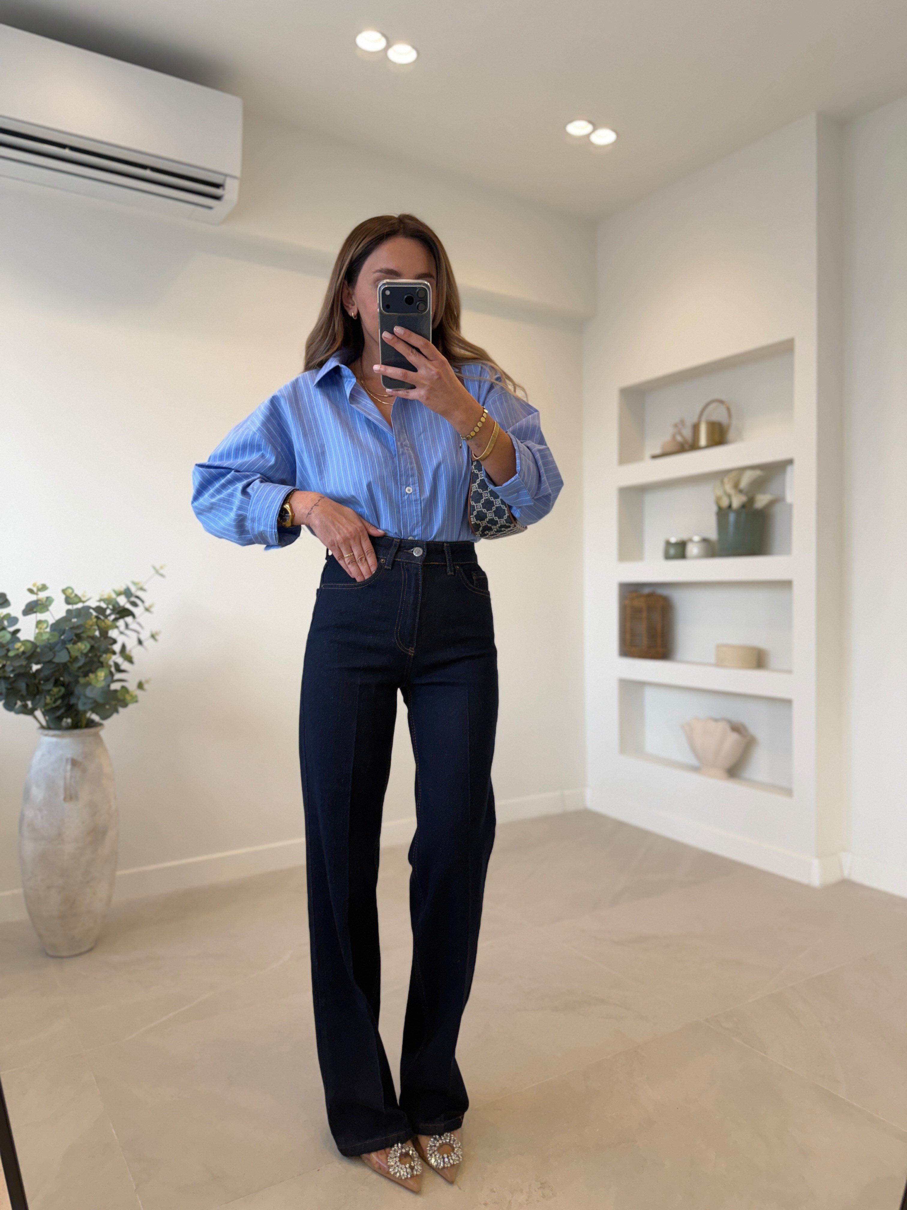 RM1005 Rins Yıkama Önü Çizgili Wide Leg Jean